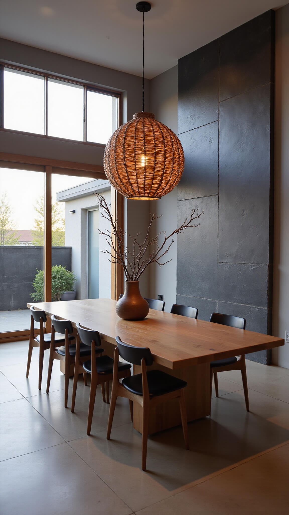 Minimalist 15x18ft dining room at dusk with oak table, black leather chairs, woven pendant light, shoji screens, slate feature wall, and ceramic vessel with branches.