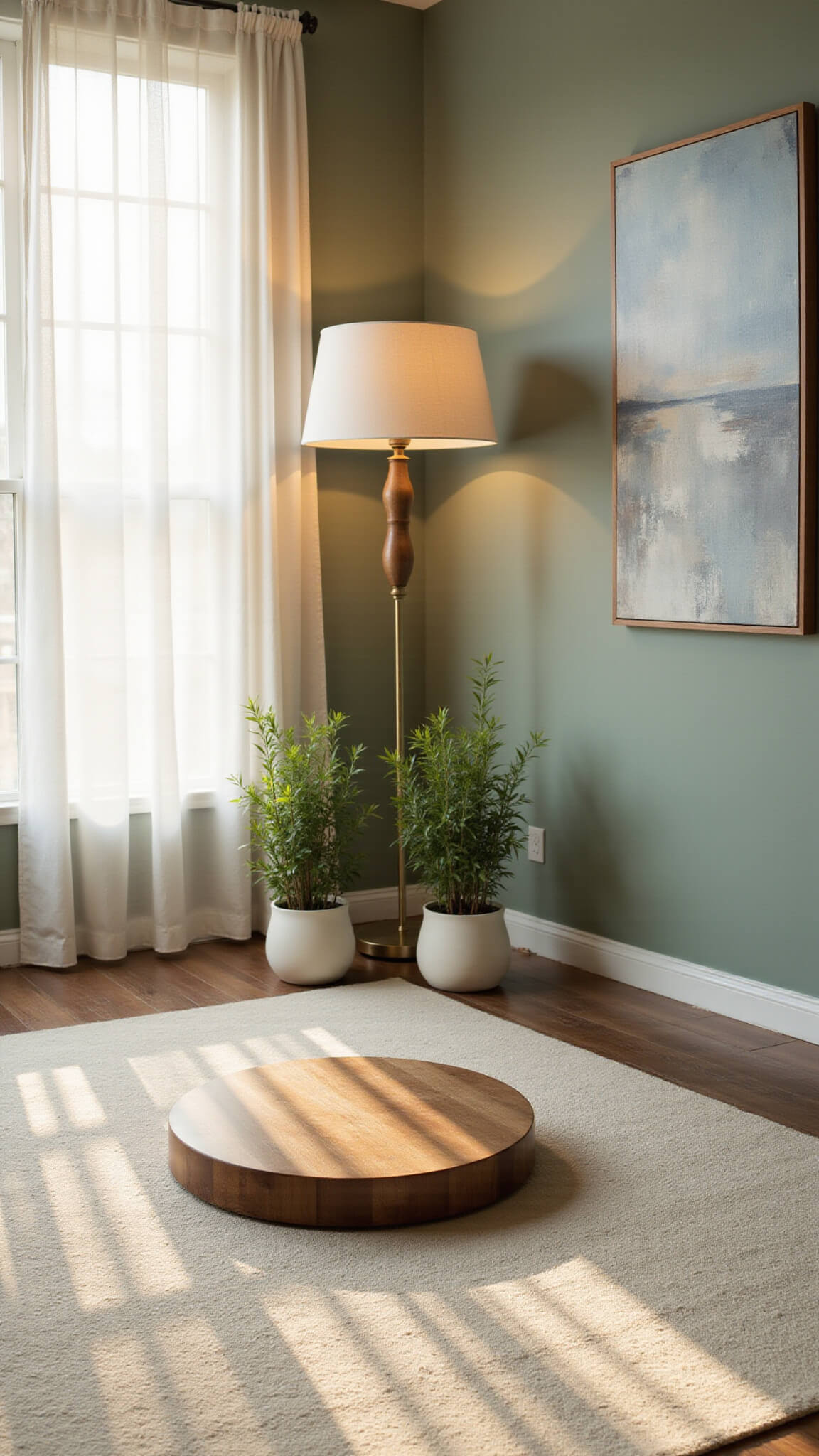 Meditation room with walnut platform on ivory rug, sage green walls, bamboo plants, abstract canvas, and dawn light through sheer curtains.
