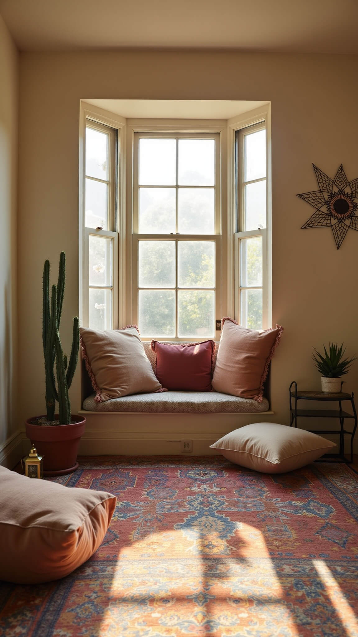 Bohemian meditation room with rainbow light from prisms, layered Moroccan rugs, floor pillows, brass lanterns, and a mandala-accented cream wall.