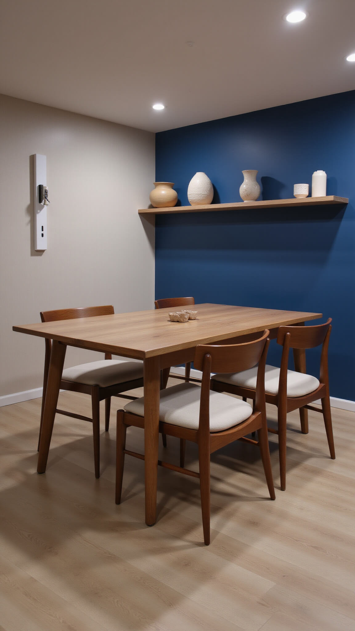 Minimal 12x15ft dining room with teak chairs, blue accent wall, ceramic sculptures on shelves, warm LED sconces, and twilight lighting.