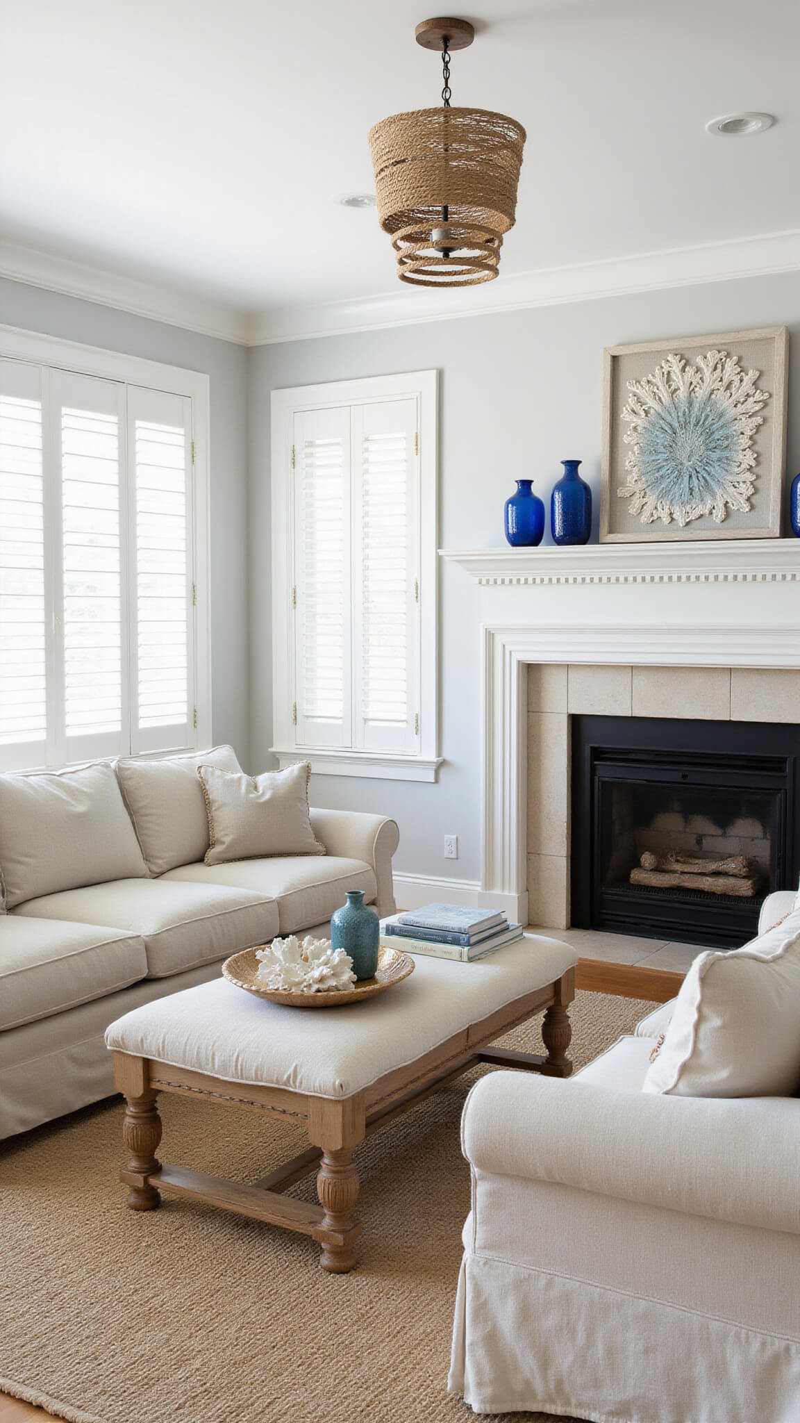 Coastal modern living room with pale gray shiplap walls, whitewashed mantel, linen slipcovered sofa, sisal rug, and blue coastal decor in soft morning light.