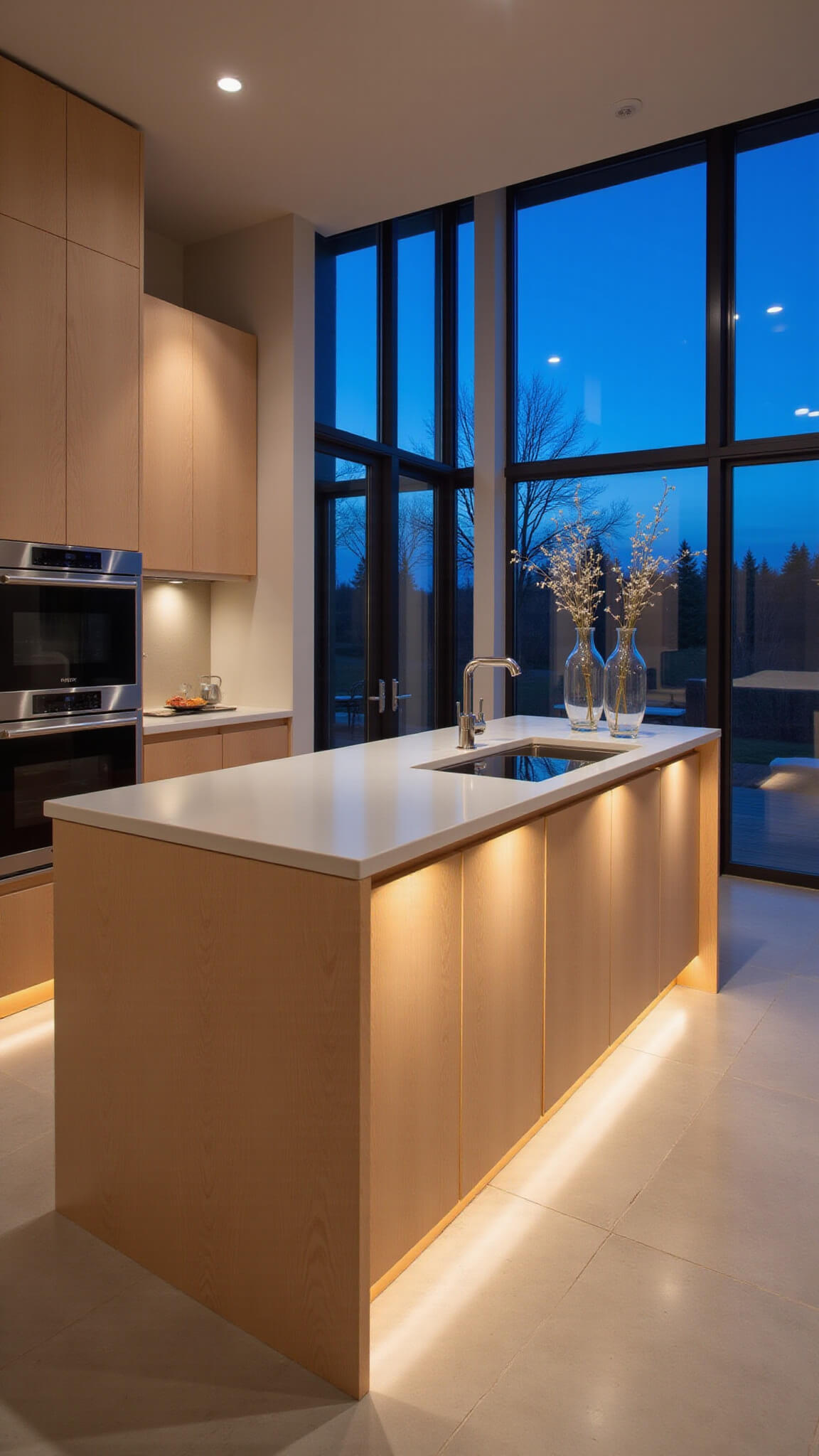 Modern kitchen with floor-to-ceiling maple cabinets, a 10ft waterfall island, minimalist design, and moody blue hour lighting.