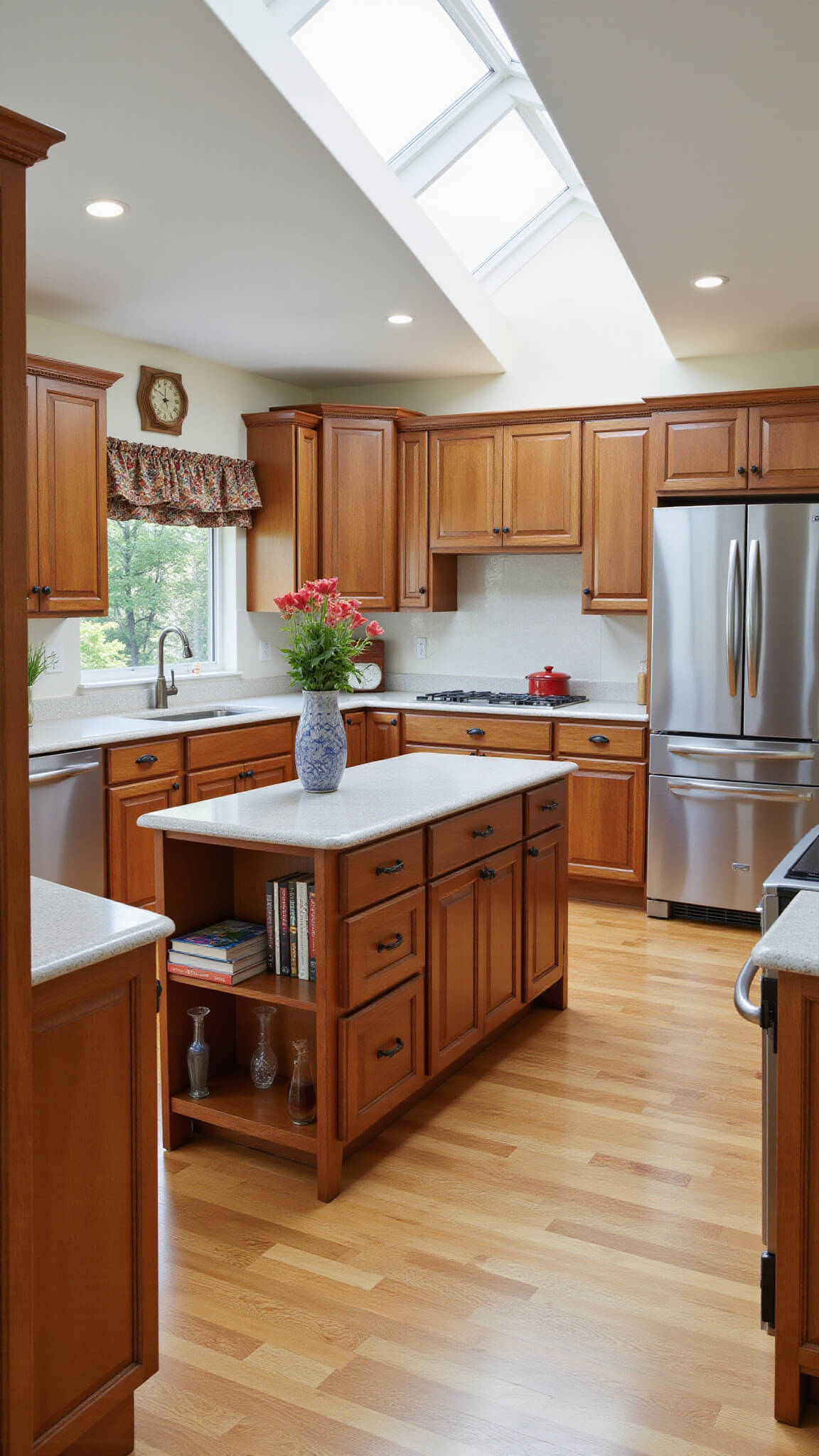 Transitional kitchen with cherry cabinets, vaulted ceiling skylight, curved island, and warm natural lighting.