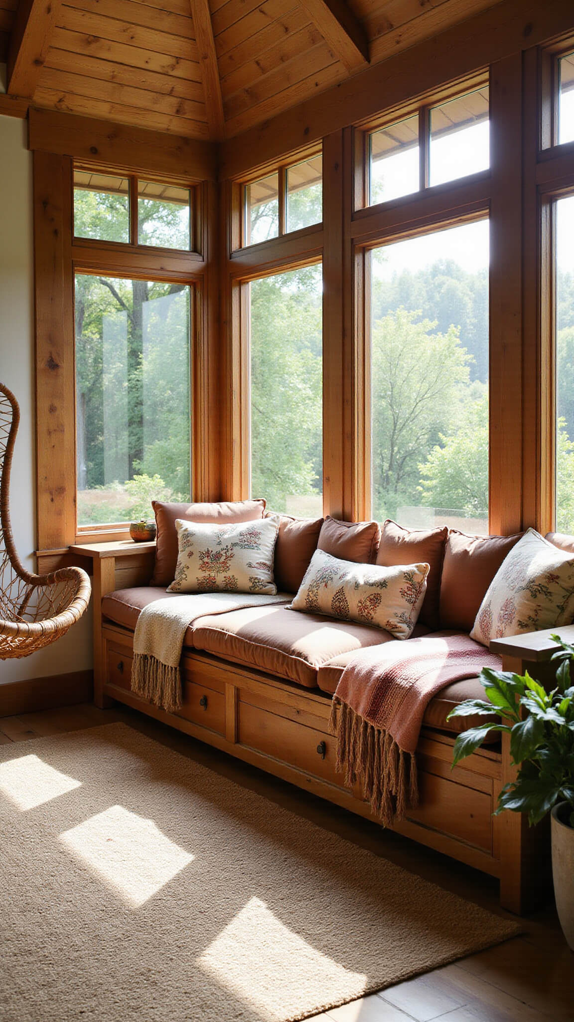 Sunlit tropical bedroom with bamboo daybed, tribal cushions, jute rug, and garden view through floor-to-ceiling windows.