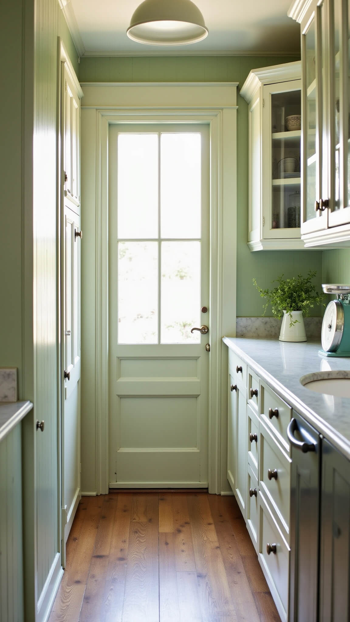 Vintage-inspired sage green kitchen with beadboard cabinets, marble counters, and vintage decor bathed in soft early morning sunlight.