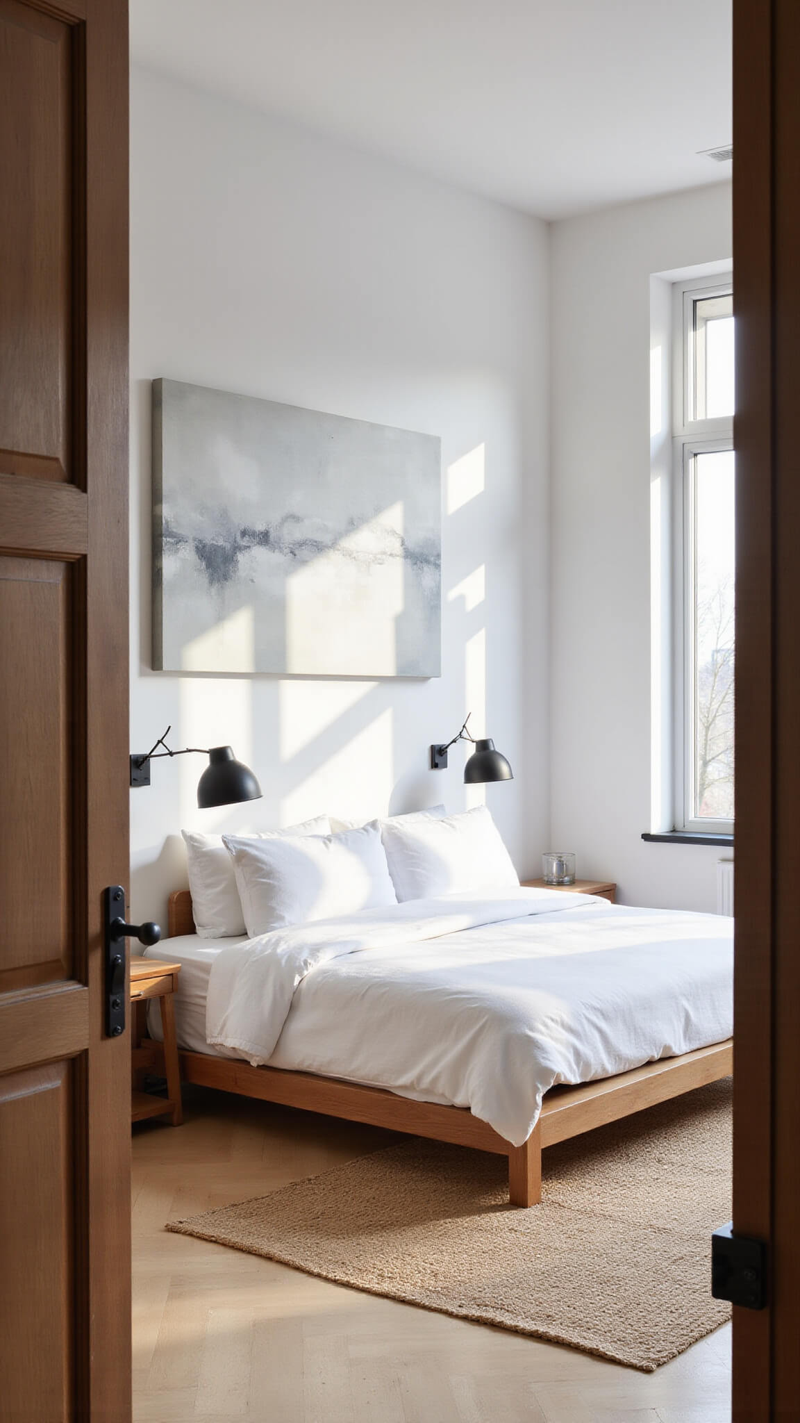Minimalist 14x16ft bedroom with oak platform bed, white linen bedding, abstract canvas, jute rug, and morning light through floor-to-ceiling windows.