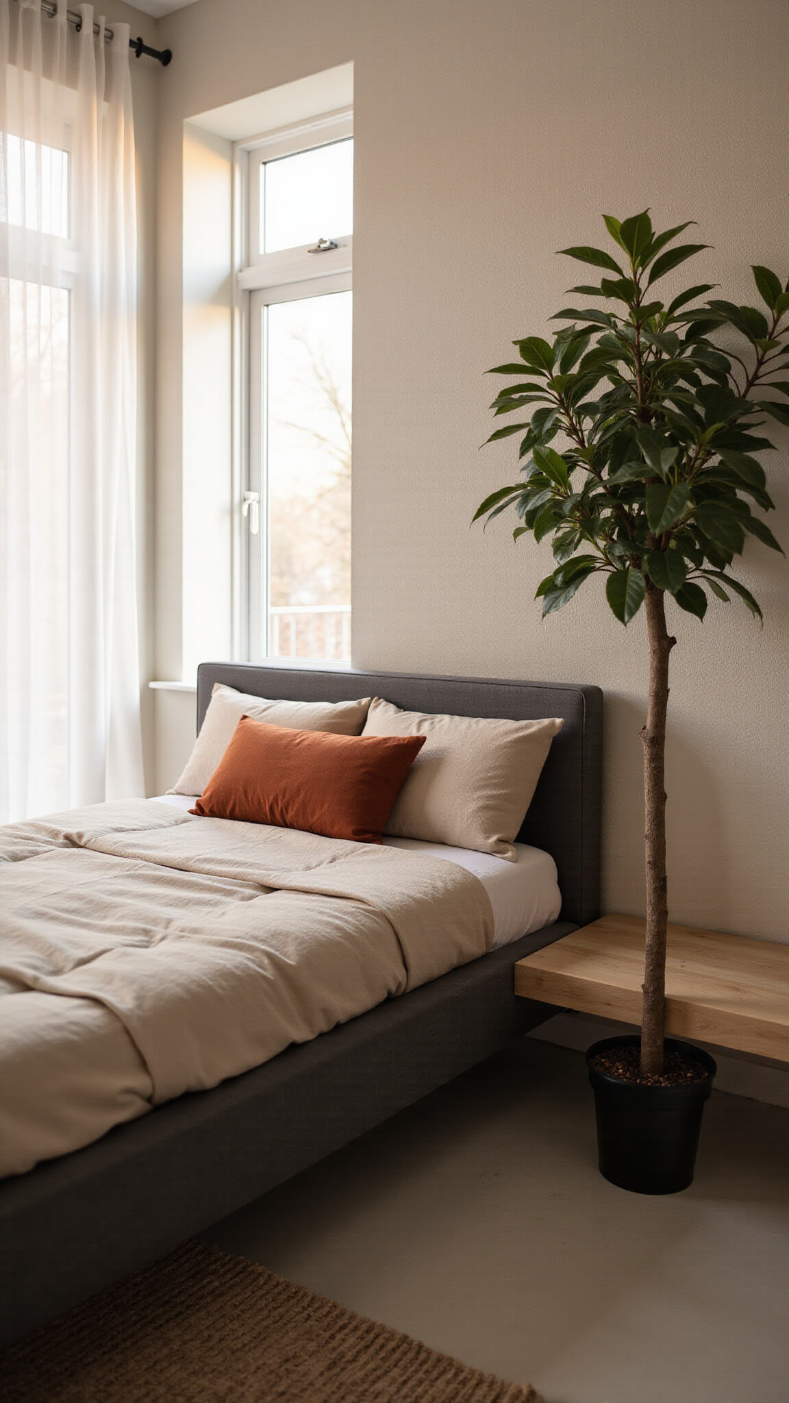 Modern 12x14ft bedroom at golden hour with warm light through sheer curtains, featuring a charcoal grey platform bed, oatmeal duvet, rust lumbar pillow, floating oak shelf, and fiddle leaf fig in corner.