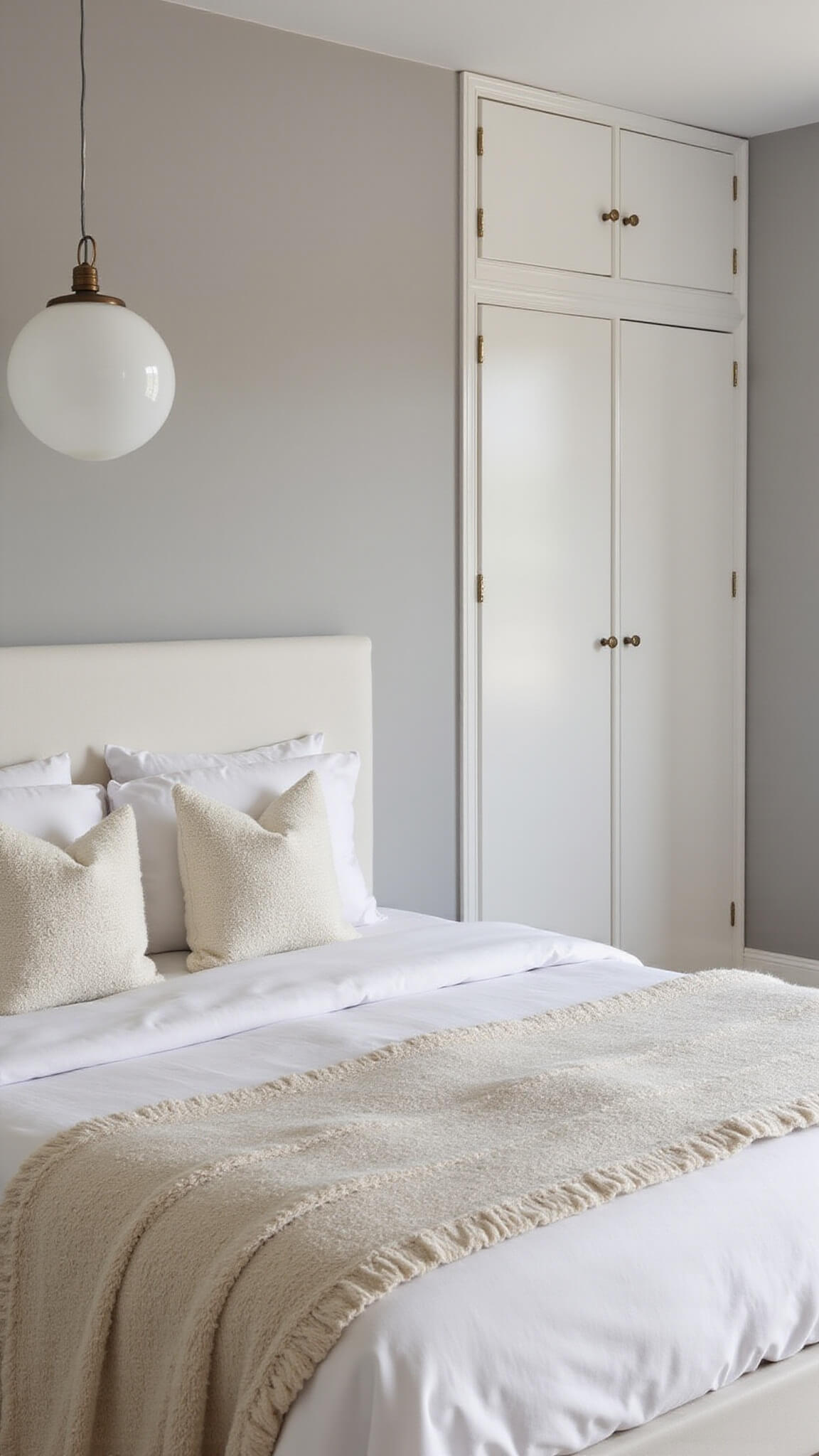 Minimalist 10x12ft bedroom at dusk with white bed, cream blanket, soft pendant light, and built-in white closet.