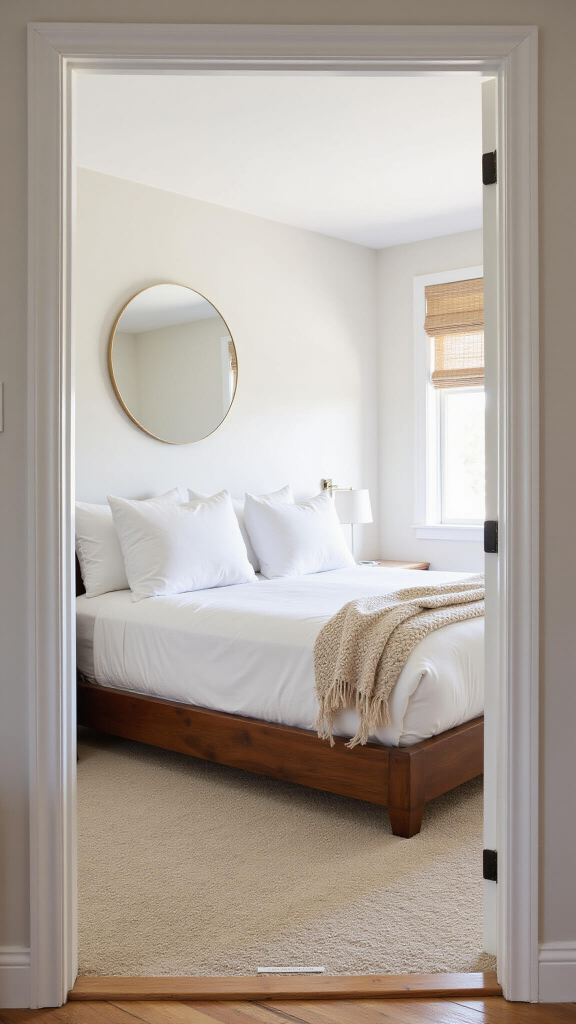 Sunlit master bedroom with low walnut platform bed, white linens, ivory knit throw, large circular mirror, and woven grass window shades filtering light.