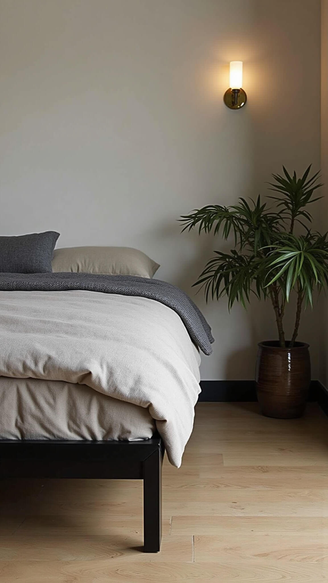 Japanese-inspired tranquil bedroom with low black bed, stone linens, grey throw, brass wall sconce, and bamboo palm in ceramic planter at twilight.