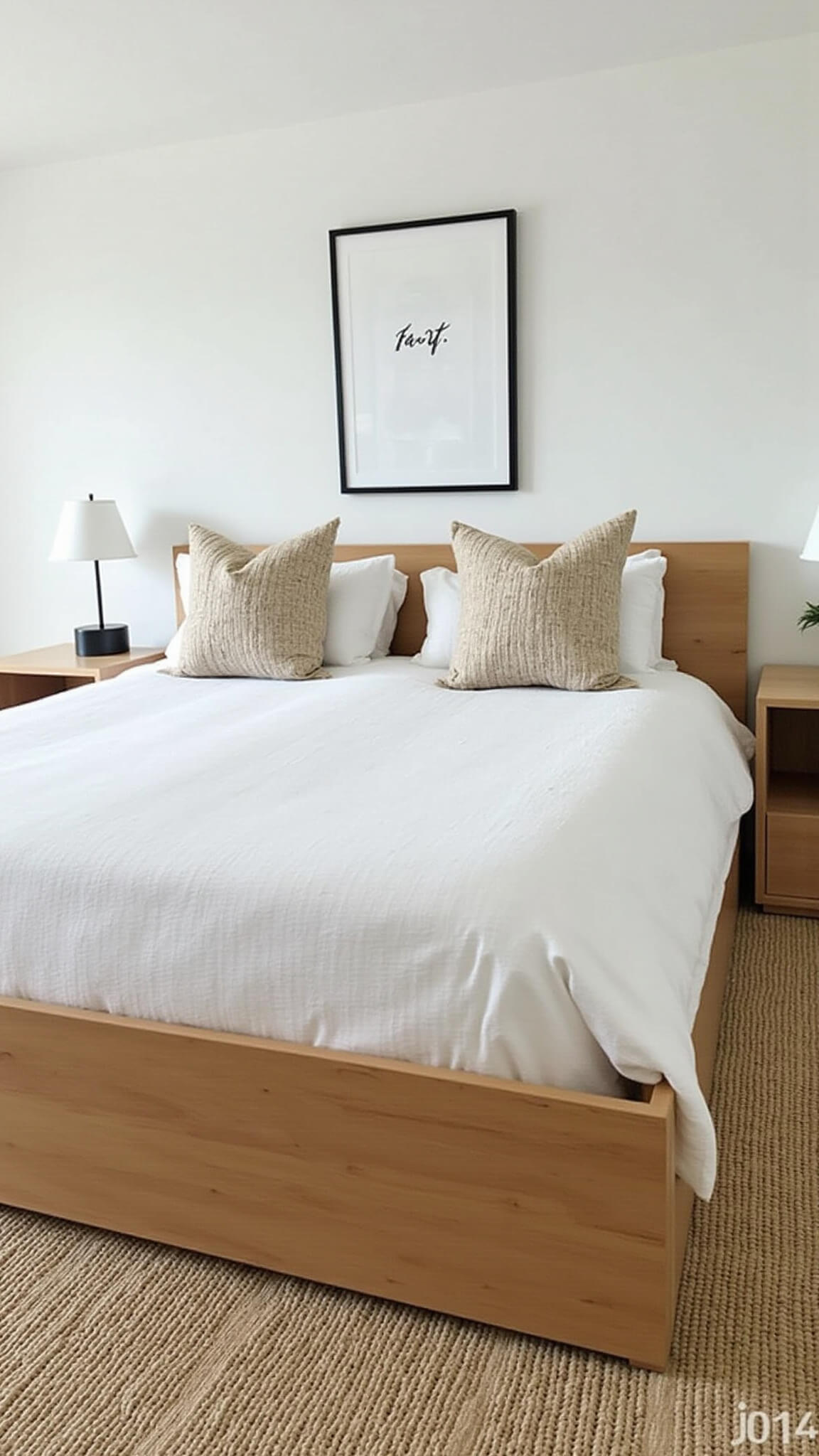 Contemporary 13x15ft bedroom with white oak platform bed, cloud-white duvet, beige pillows, framed line drawing, and natural sisal carpet in afternoon light.