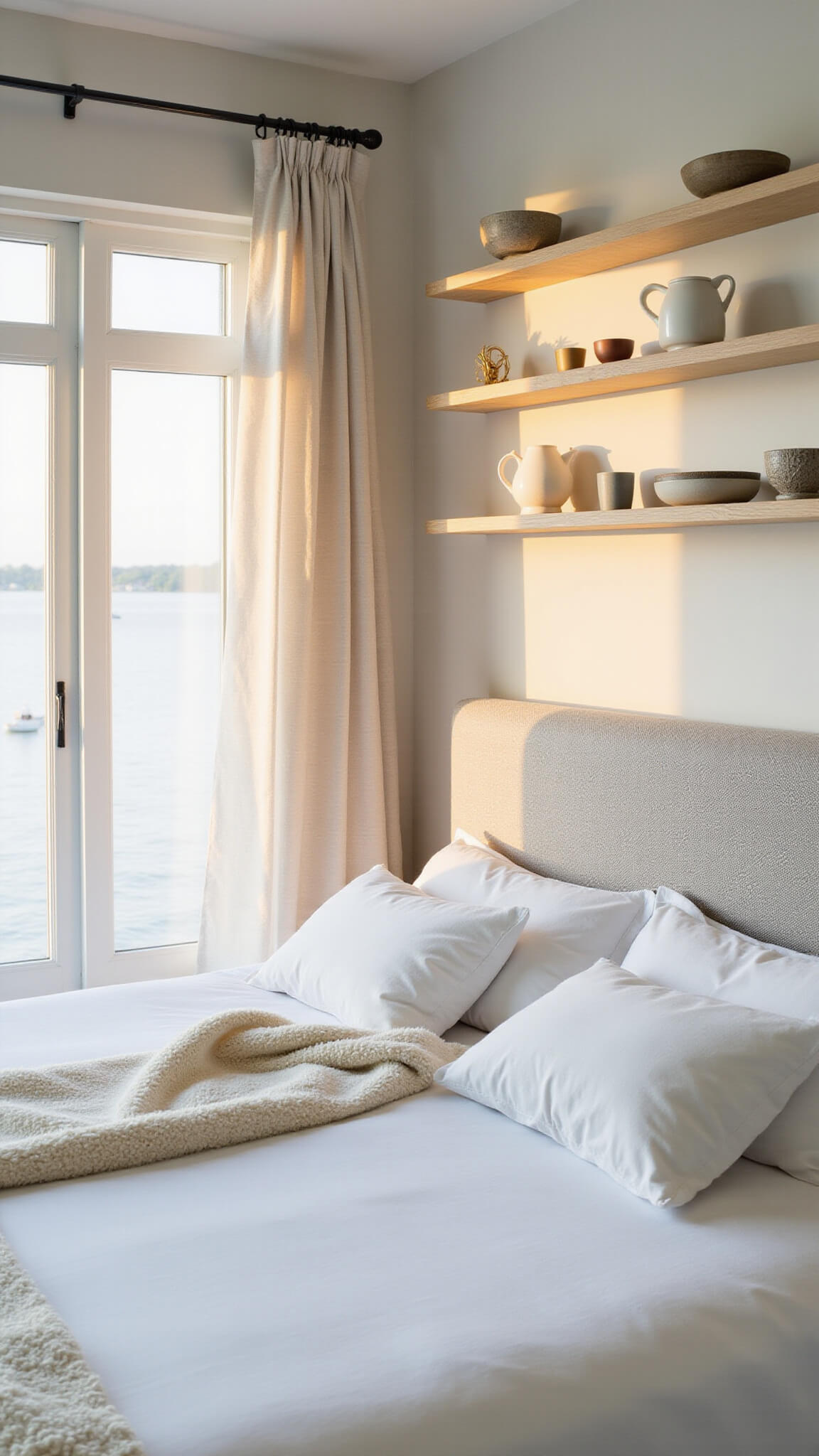 Minimalist 12x14ft bedroom at sunrise with light grey upholstered bed, white linens, cream mohair throw, floating oak shelves displaying ceramics, and sheer linen drapes filtering golden light.