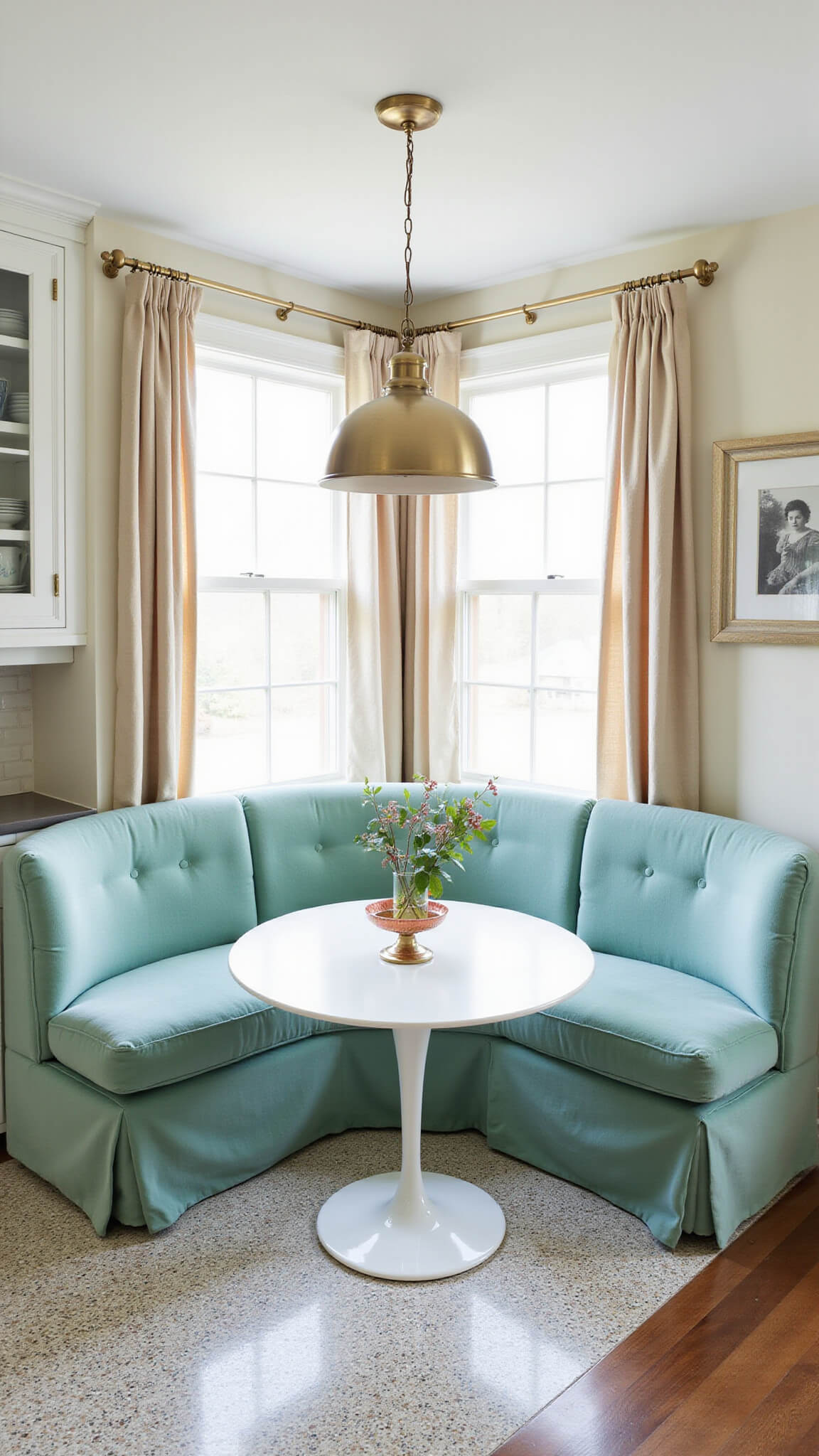 Overhead view of a small kitchen corner with seafoam green velvet banquette, white tulip table, terrazzo floor, and glass-front cabinets displaying vintage pottery.