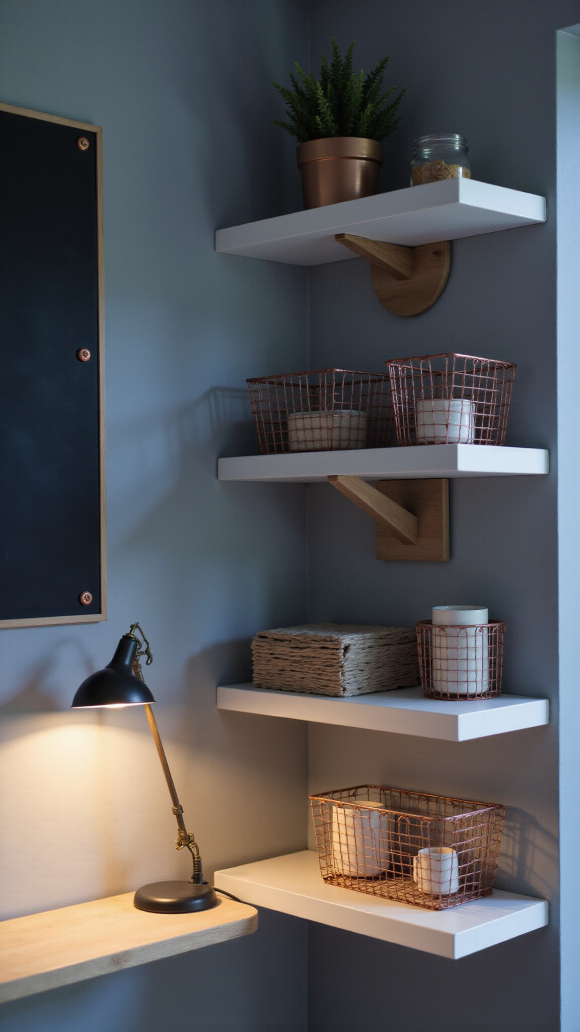 Close-up of a stylish kitchen command center with matte black magnetic board, copper baskets, white shelves, and vintage task lamp against gray-blue walls.