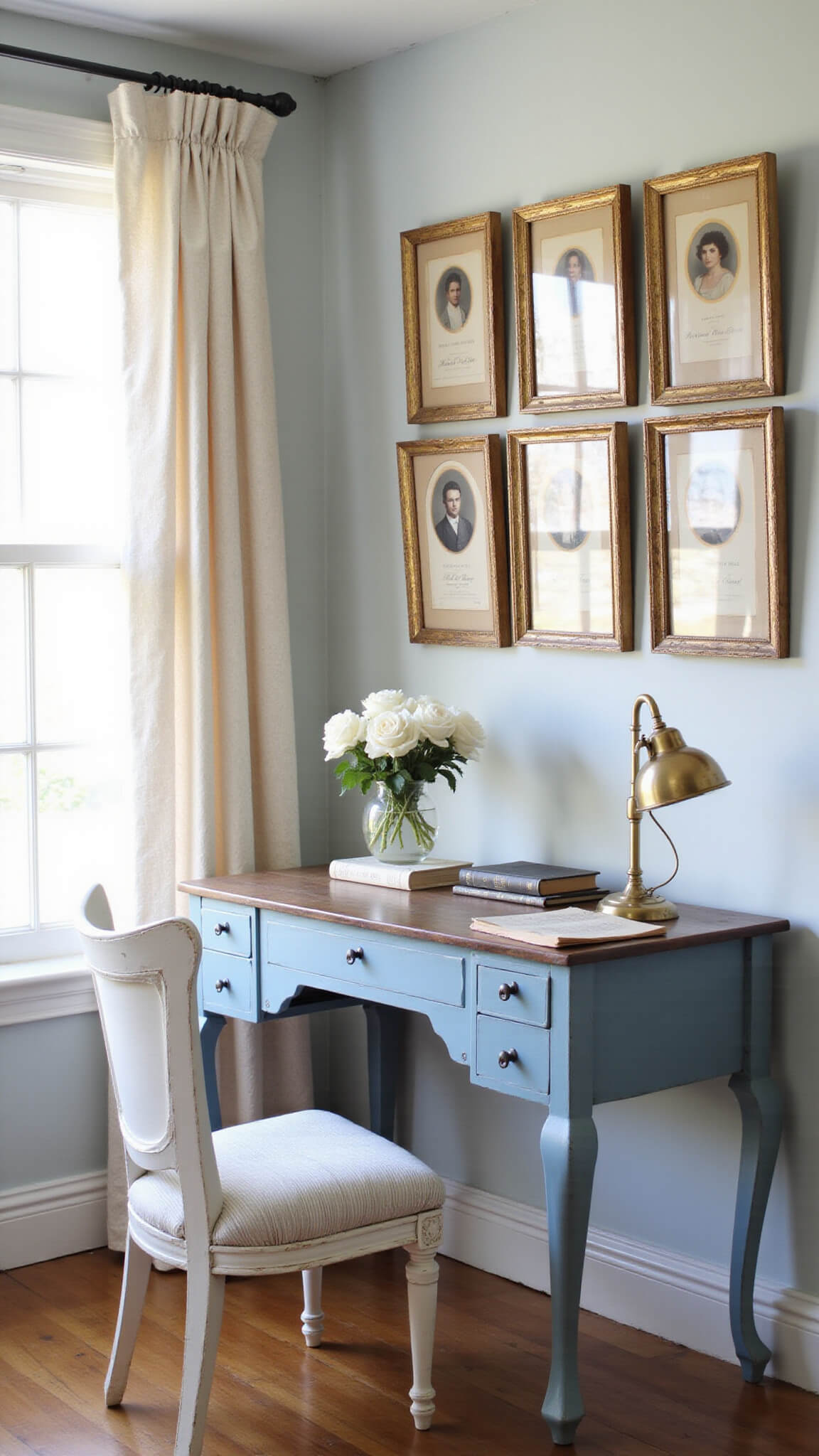 Cottage bedroom vignette at dawn with French blue writing desk, vintage portraits, and garden roses in soft morning light.
