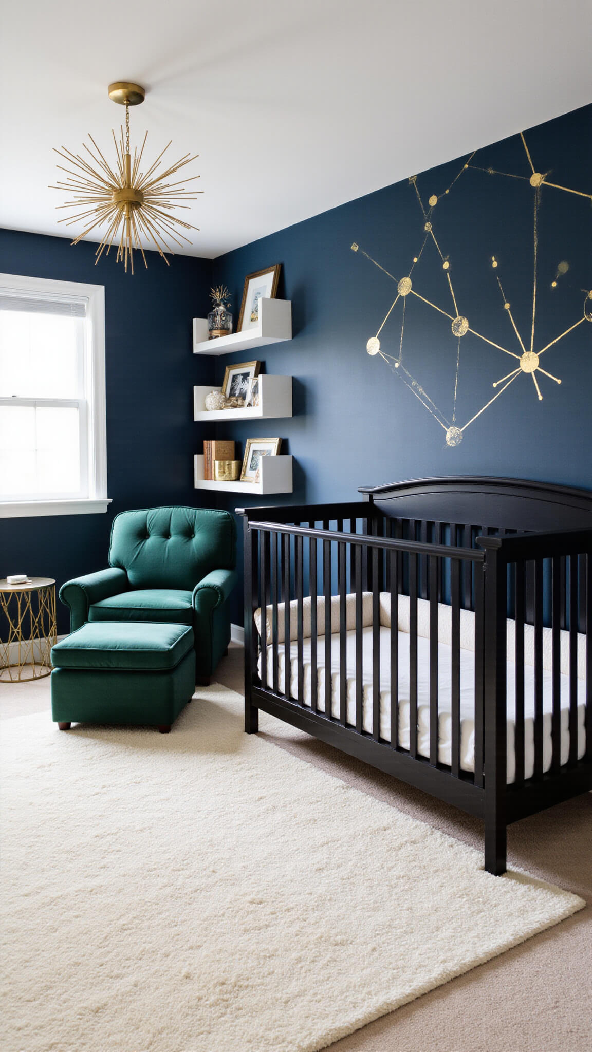 Modern celestial-themed nursery with navy accent wall, gold constellation decals, black crib, brass chandelier, emerald glider, and astronomy decor.