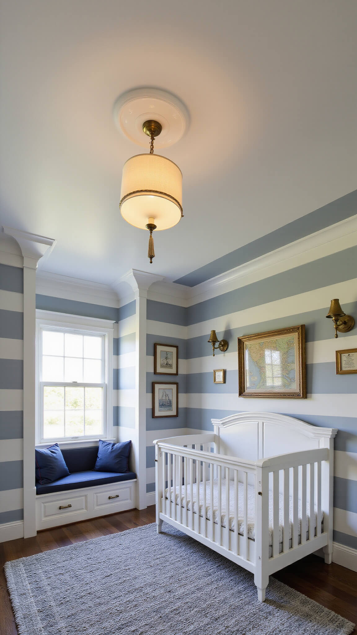 Nautical-themed nursery with blue-gray striped walls, white crib, rope pendant light, navy window seat, and brass accents bathed in golden hour light.