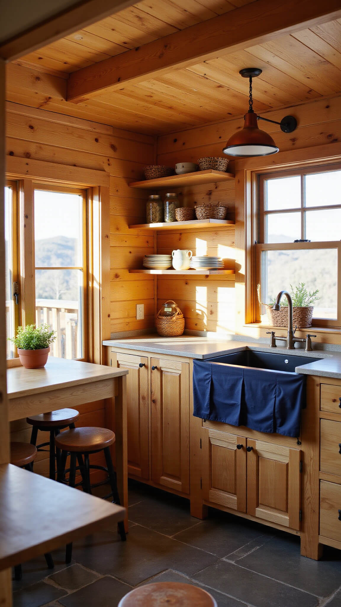 Cozy L-shaped cabin kitchen with natural pine walls, oak cabinets, butcher block island, copper pendant lights, farmhouse sink, open shelving, and slate flooring, sunlit during golden hour.