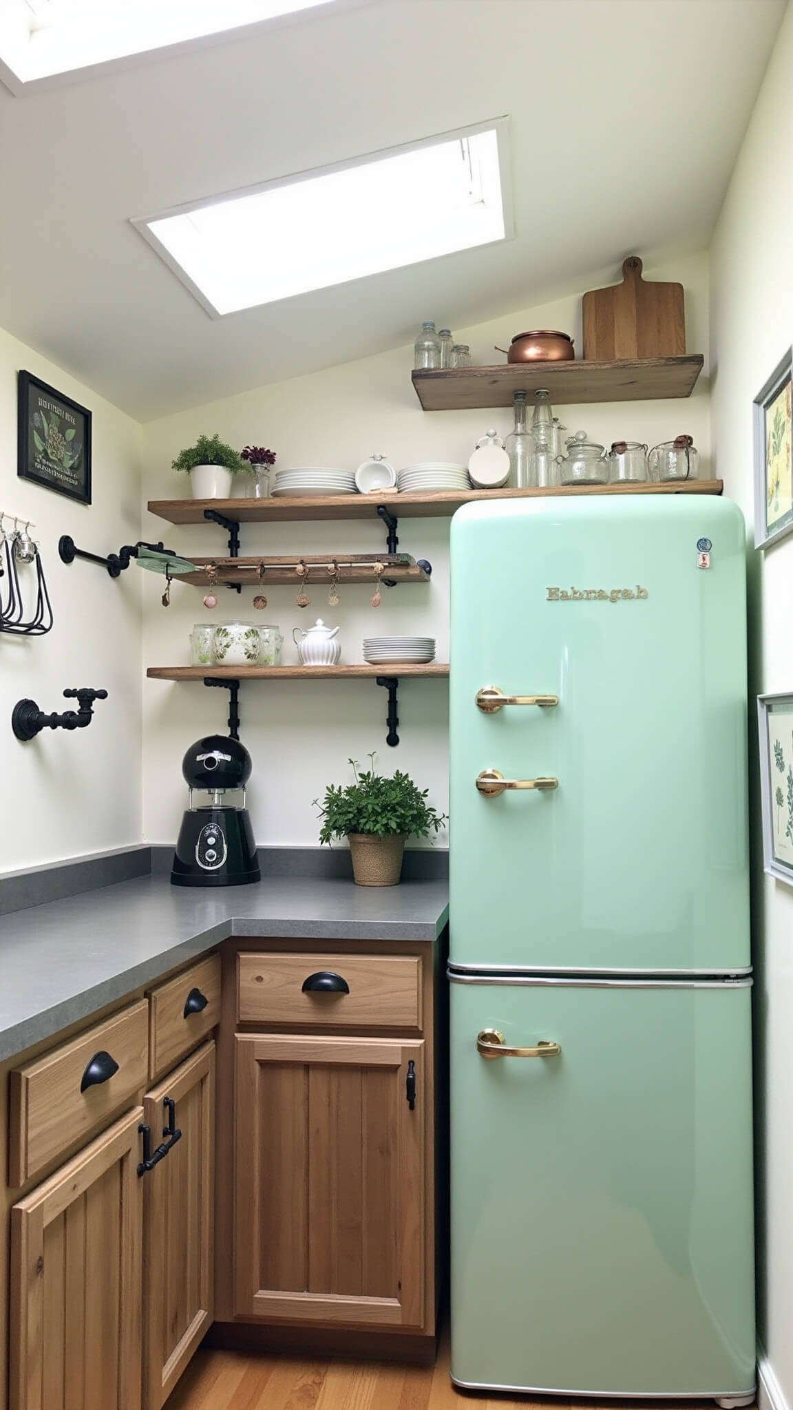 Cozy 10x12 cabin kitchen with skylight-lit reclaimed wood cabinets, mint green vintage fridge, concrete countertops, floating shelves with ceramics, and vertical storage with herbs and copper accents.