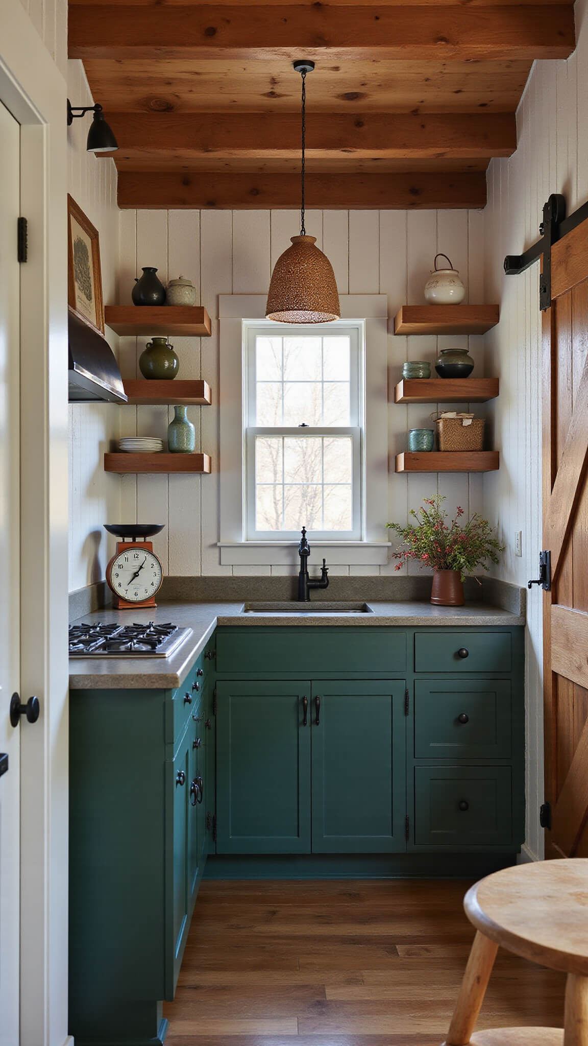 Rustic-modern cabin kitchen at dusk with moody lighting, deep green cabinets, soapstone counters, open shelving, and vintage-styled decor.