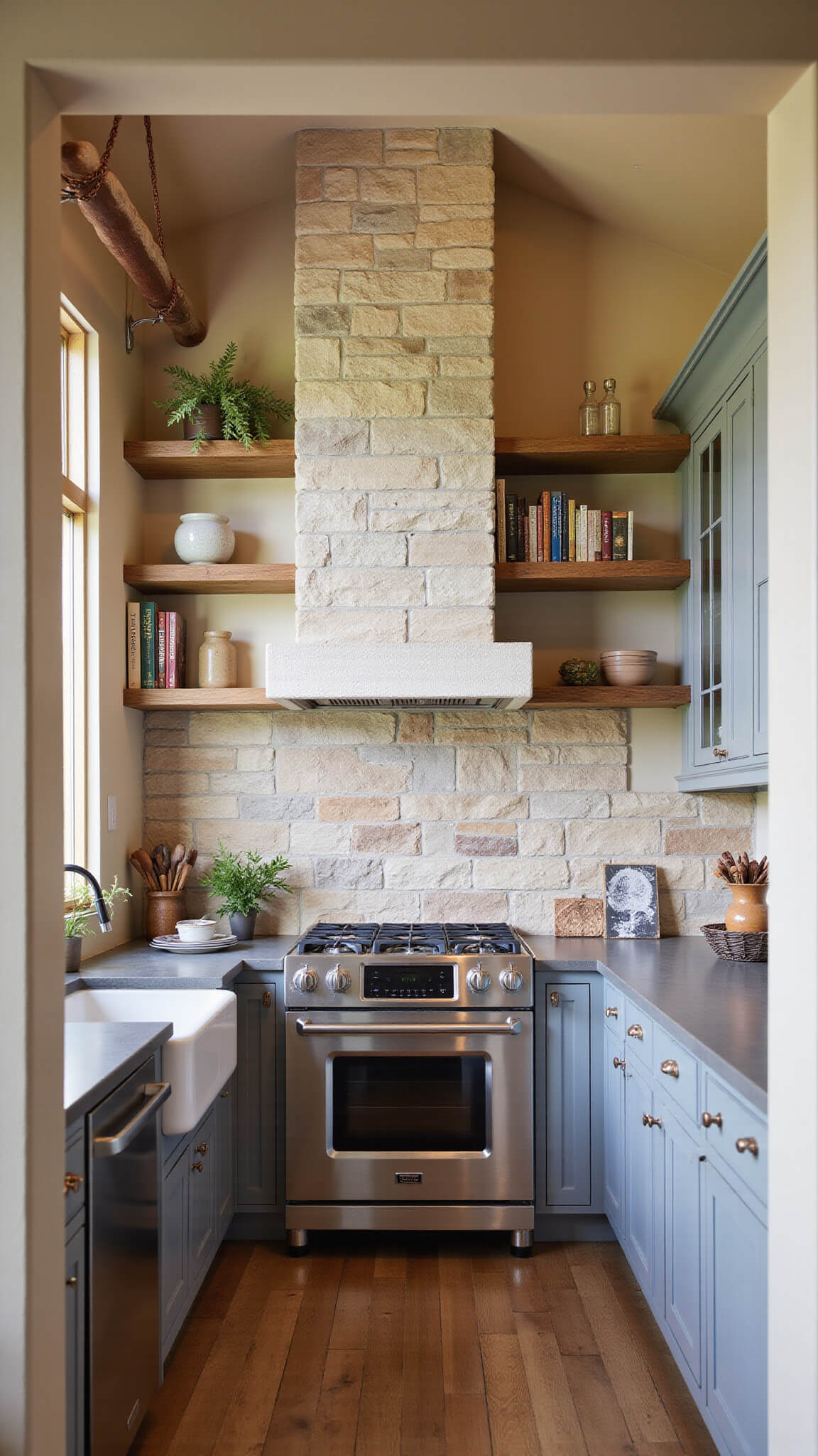 Warm, sunlit cabin kitchen with stone accent wall, copper range hood, handcrafted tile backsplash, reclaimed wood shelves, and polished concrete counters.