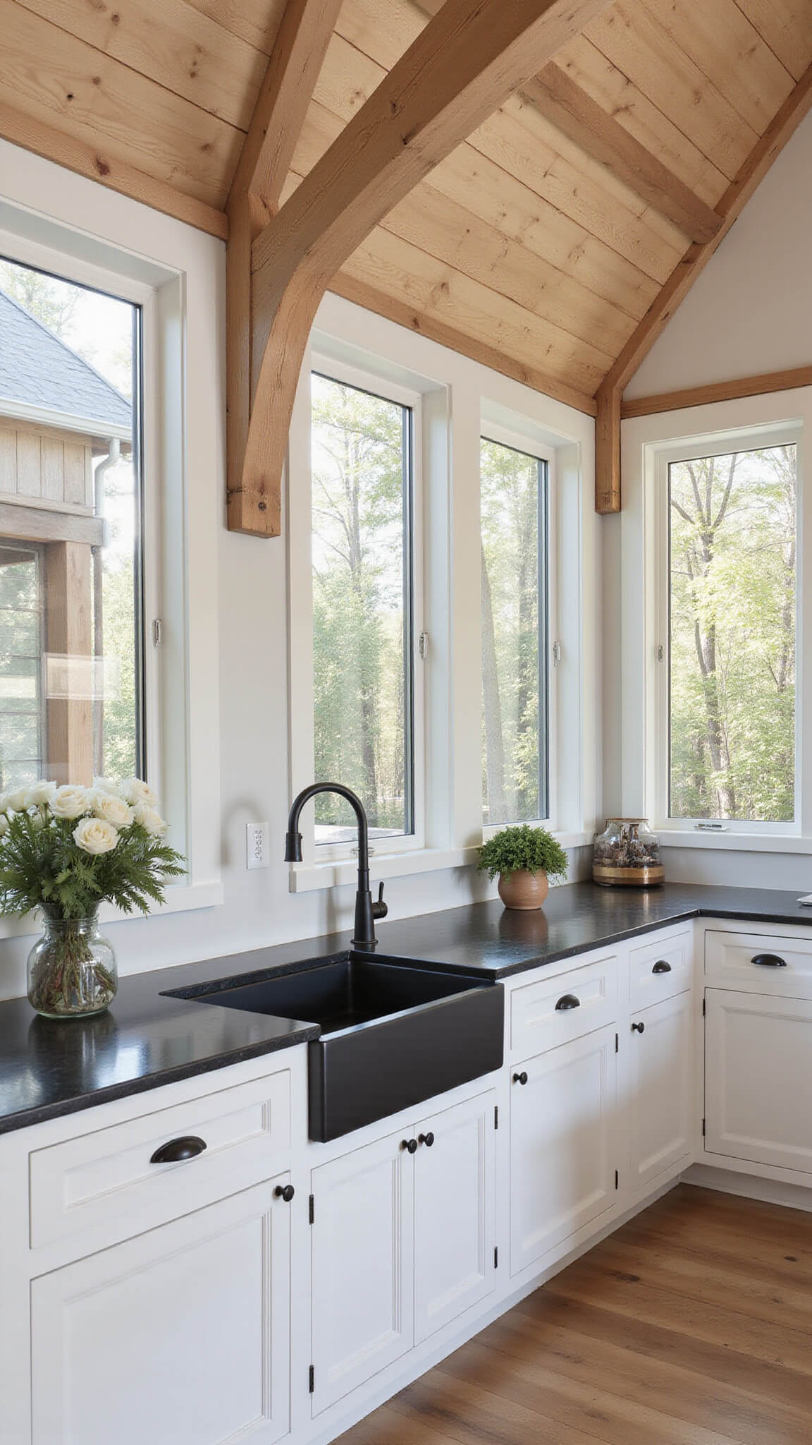 Modern-rustic cabin kitchen with pitched ceiling, white oak cabinets, black soapstone counters, accordion windows, and natural wood and stone elements.