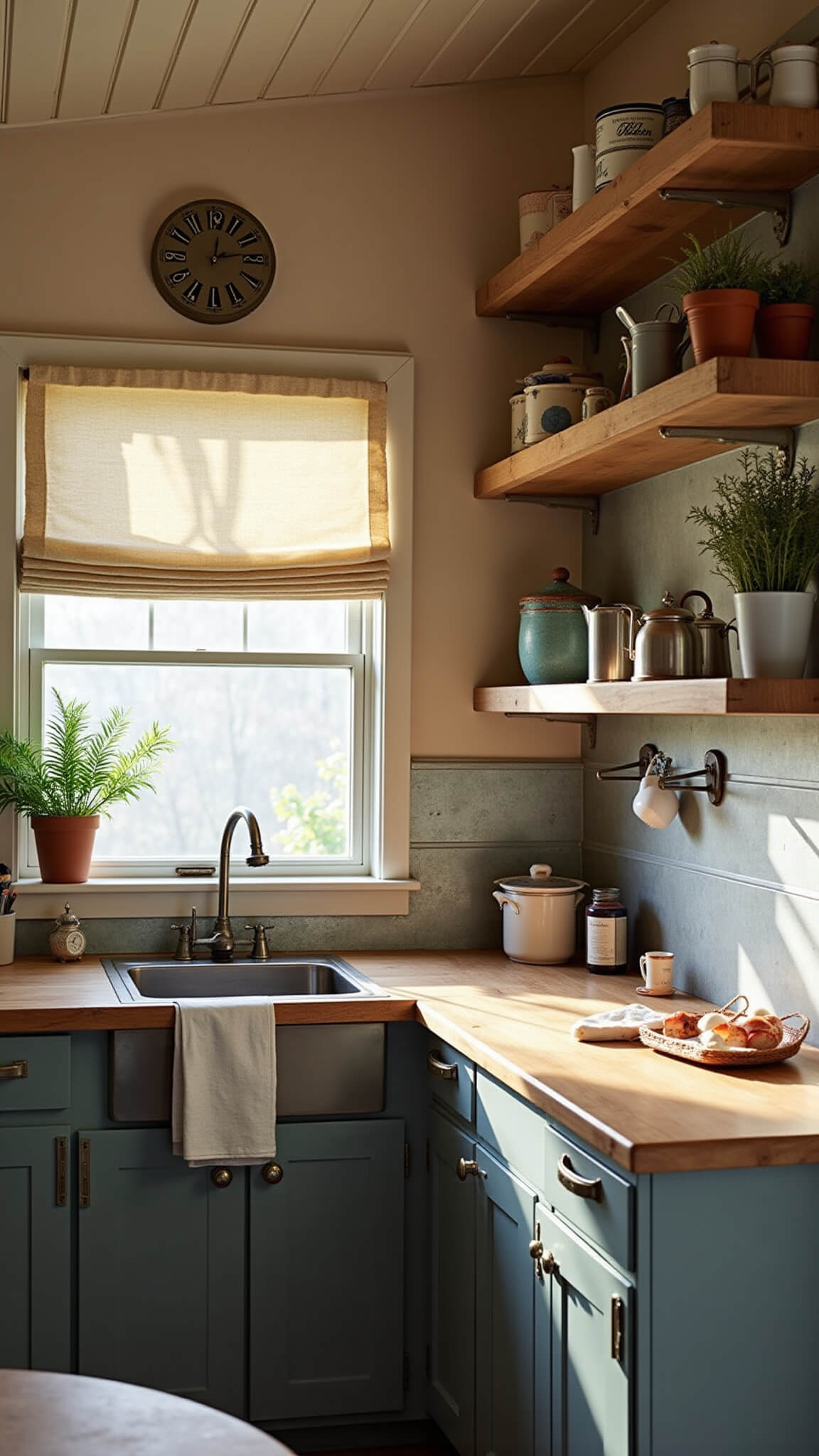 Low-angle view of a compact 10x10 cabin kitchen corner in late afternoon light, featuring floor-to-ceiling pantry with library ladder, vintage apron sink under window with café curtains, mixed metal finishes, butcher block counters, and rustic-industrial decor elements.
