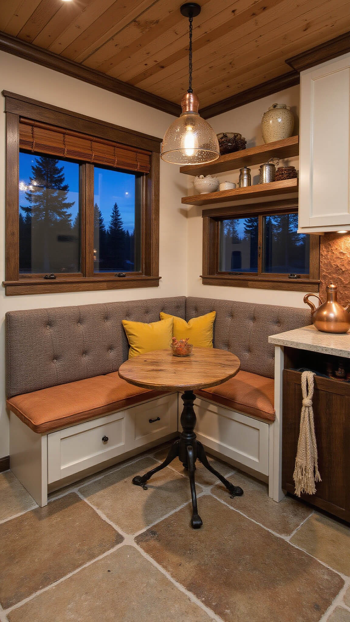 Efficient 9x12 mountain cabin kitchen at twilight with custom corner banquette, salvaged timber shelving, hammered copper backsplash, fold-down workspace, and textured natural materials.
