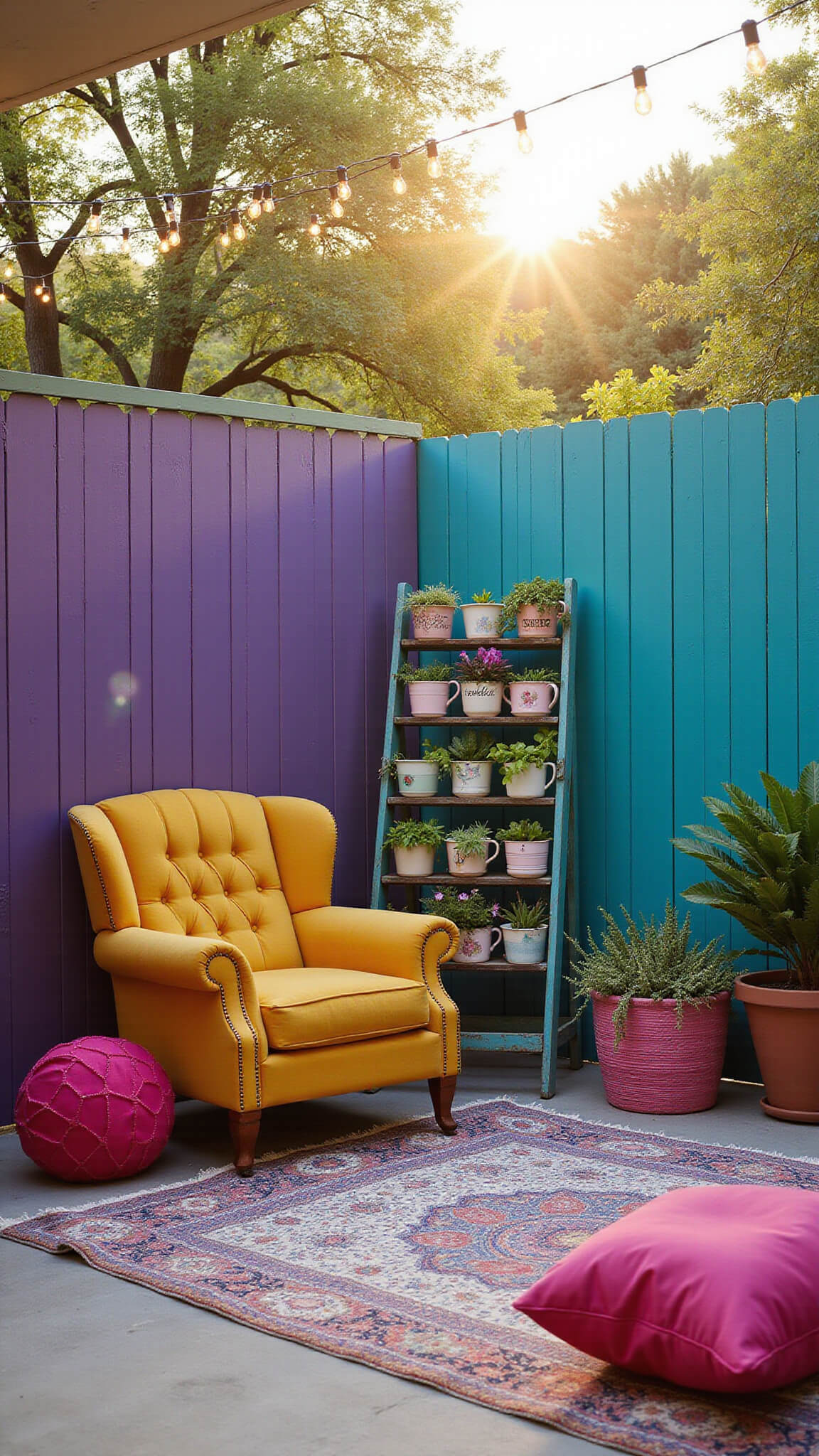 Golden-hour patio with gradient-painted privacy fence, string lights, vintage yellow armchair, pink poufs, layered bohemian rugs, and teacup succulent planters on ladder garden; prism filter adds magical light flares.