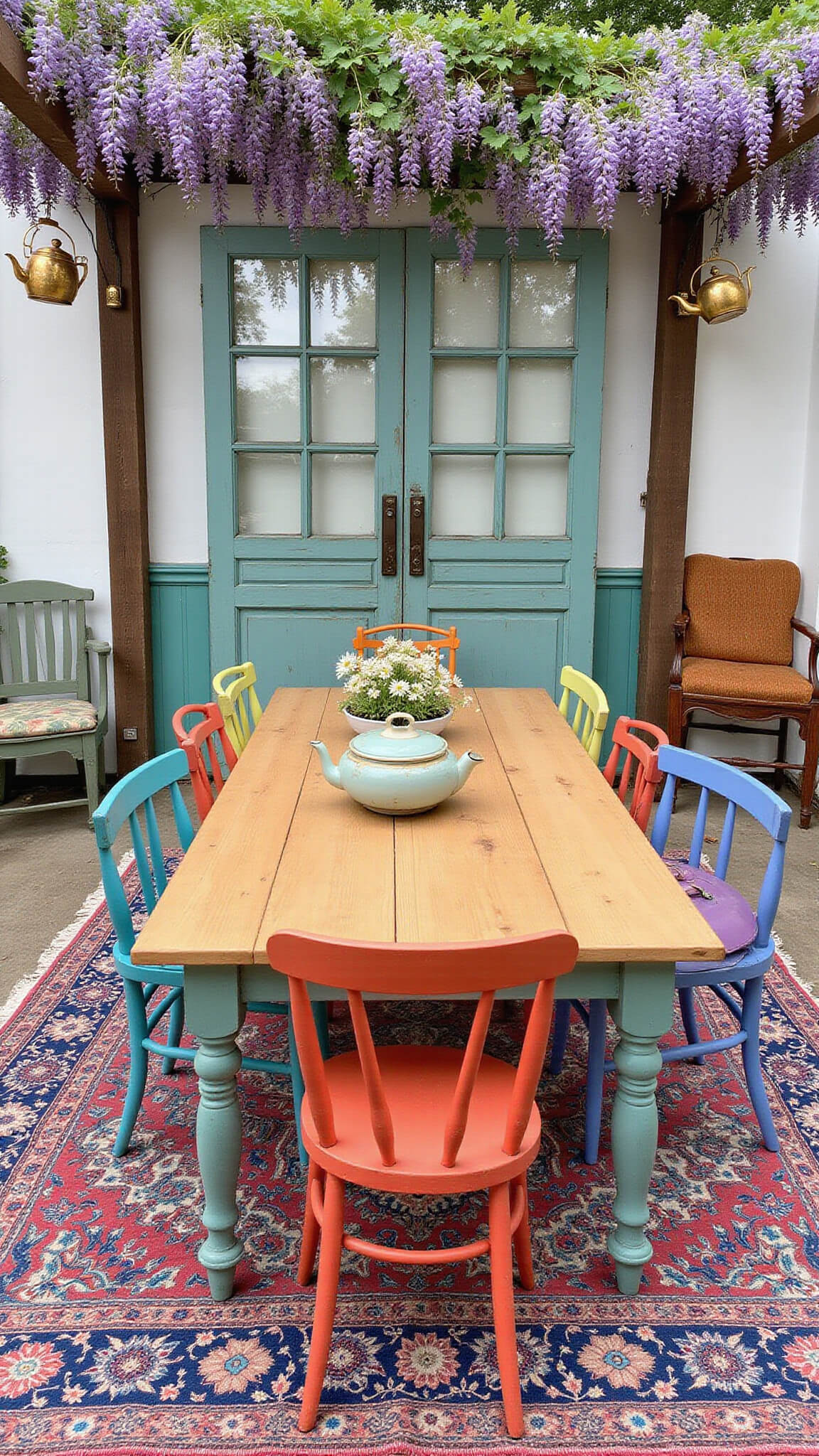 Overhead view of whimsical 20x20ft outdoor gathering space with suspended french door pergola covered in wisteria, mismatched rainbow chairs around a reclaimed wood table, hanging teapot planters, and layered vintage rugs in geometric patterns.