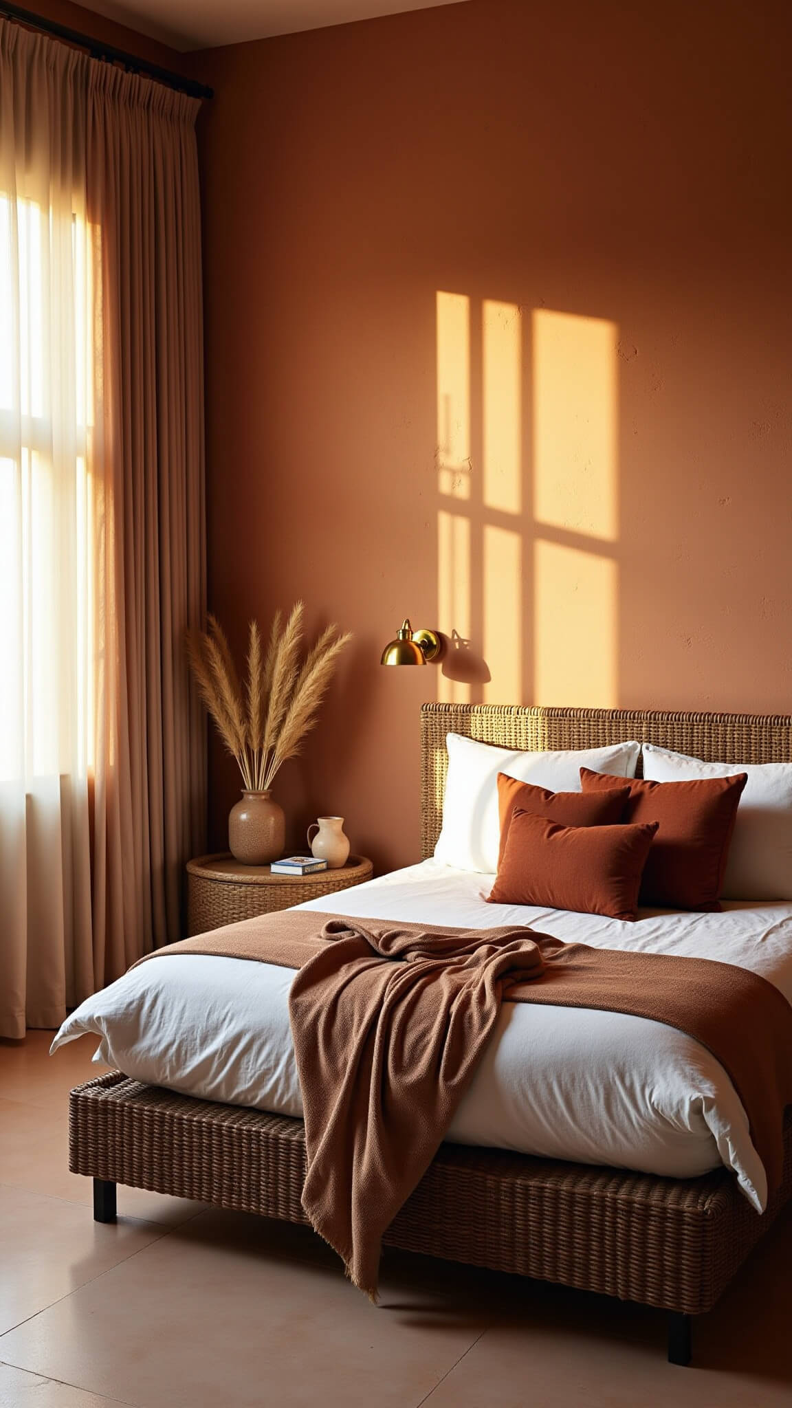 Golden hour bedroom with terracotta lime wash accent wall, rattan bed, layered textiles, brass sconces, and natural light highlighting earthy textures.