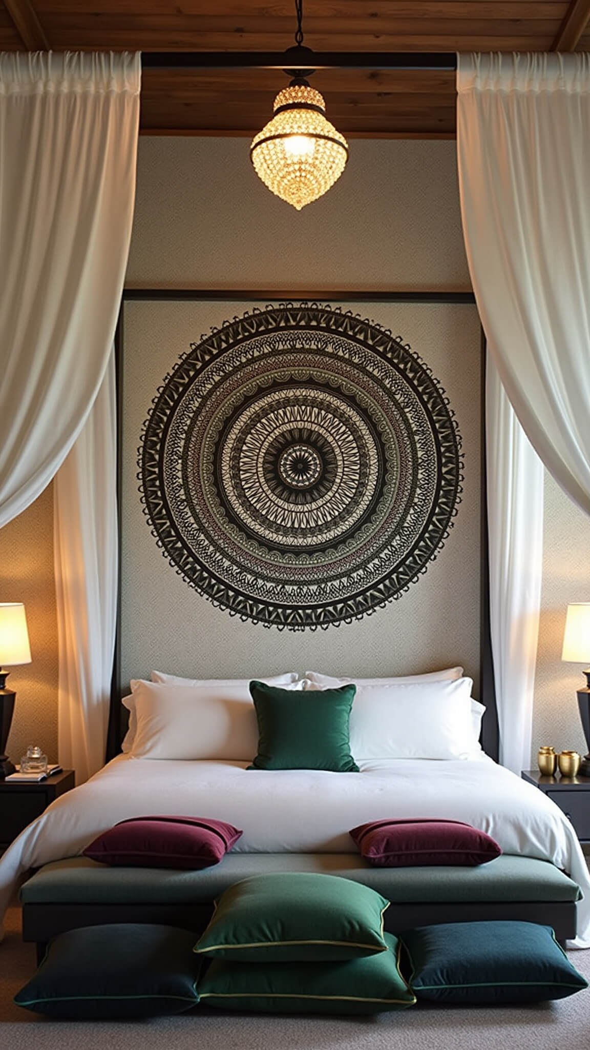 Evening view of bedroom with large black and gold mandala mural, four-poster bed, crystal pendant light, meditation cushions, and jewel-toned velvet accents.