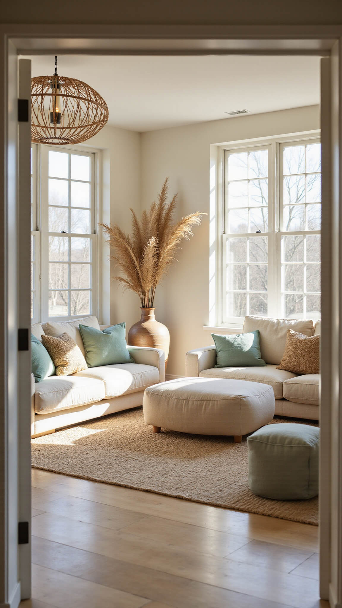 Sunlit living room with cream linen sectional, textured pillows, herringbone wood floor, layered rugs, pampas grass in ceramic pot, and rattan pendant casting shadows.