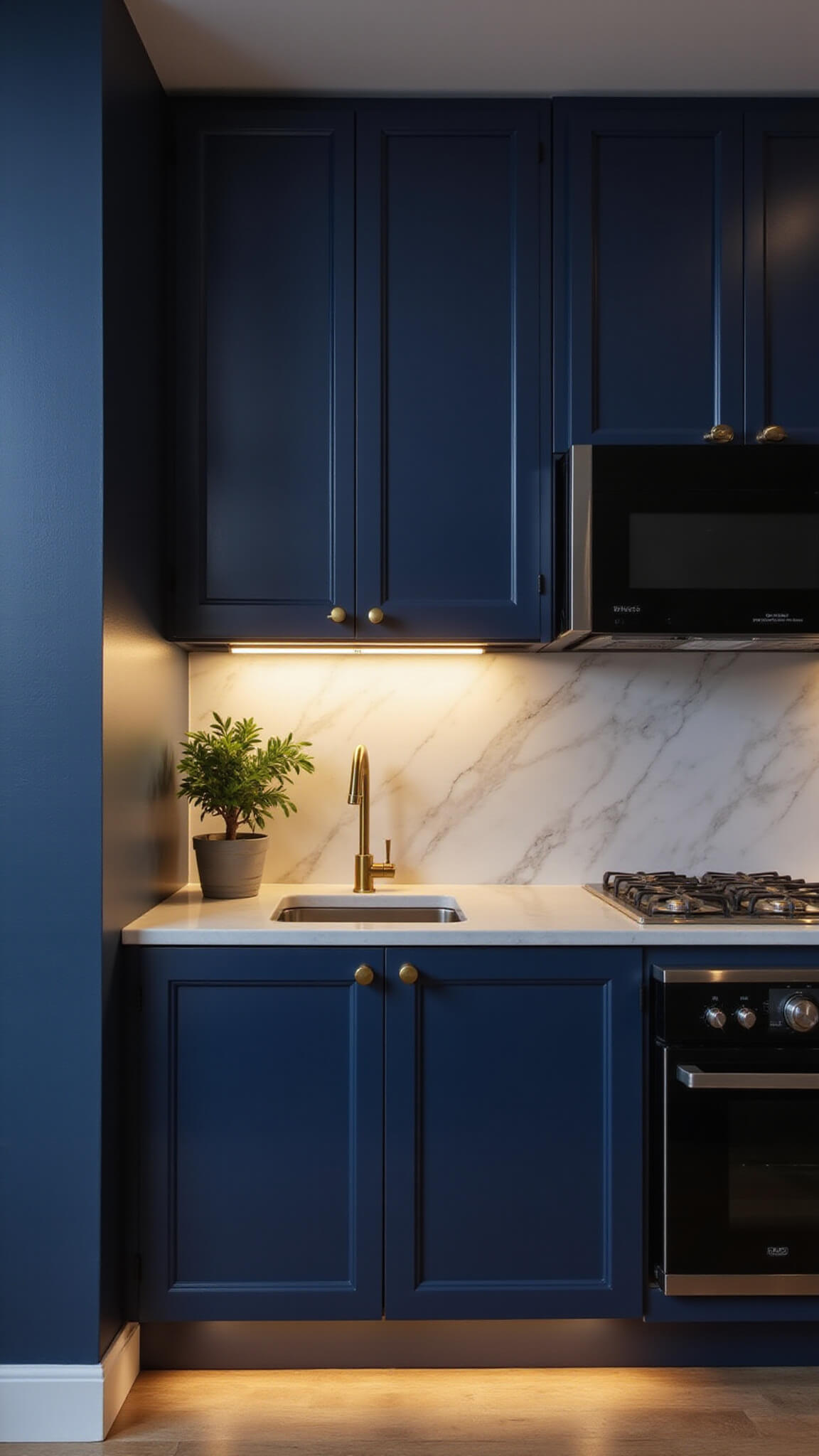 Moody urban kitchen with navy push-to-open cabinets, black appliances, brass accents, and warm lighting during blue hour.