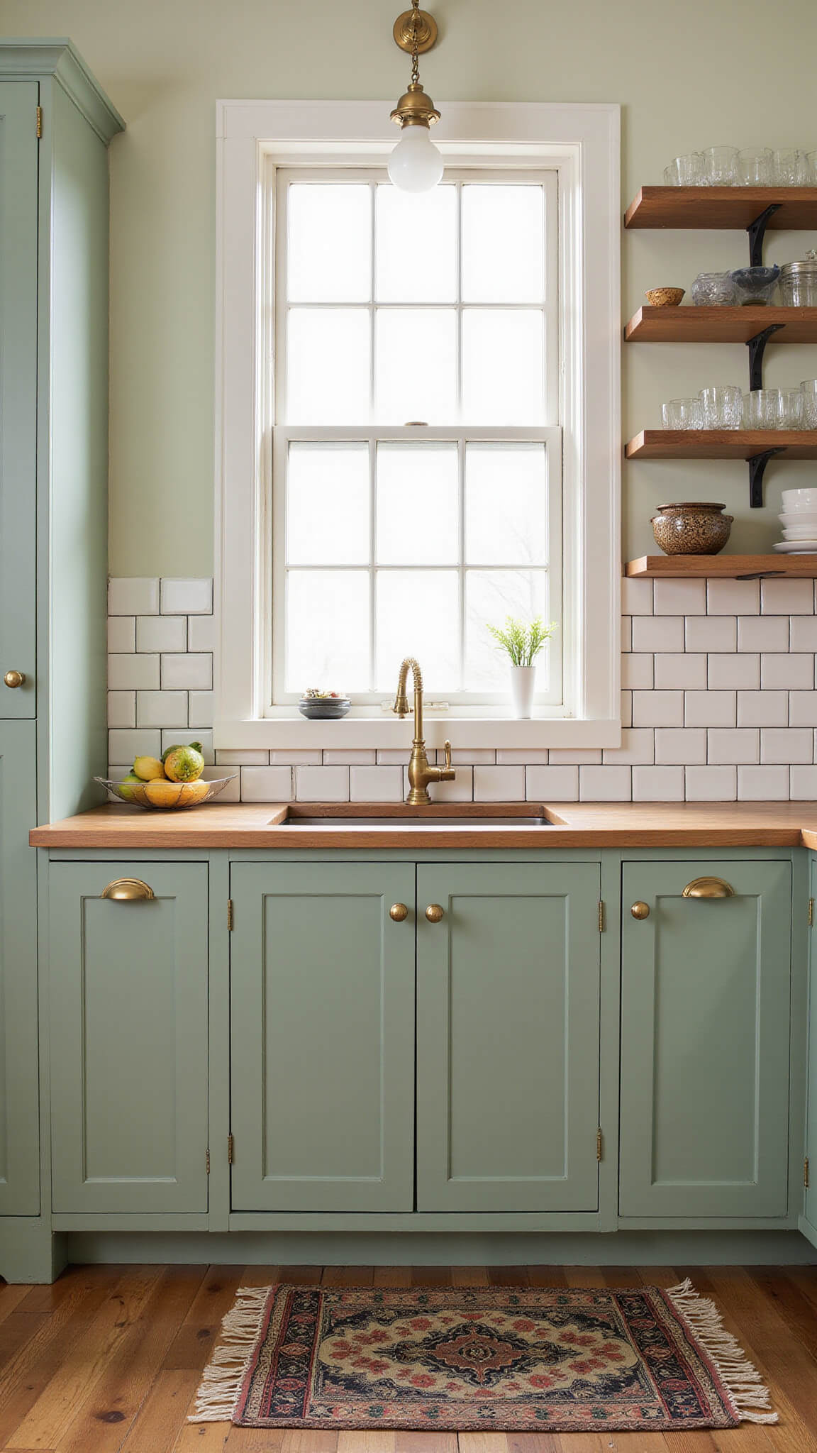 Sage green galley kitchen with vertical handleless cabinets, vintage window, brass fixtures, butcher block counters, subway tile backsplash, and open shelving displaying ceramics.