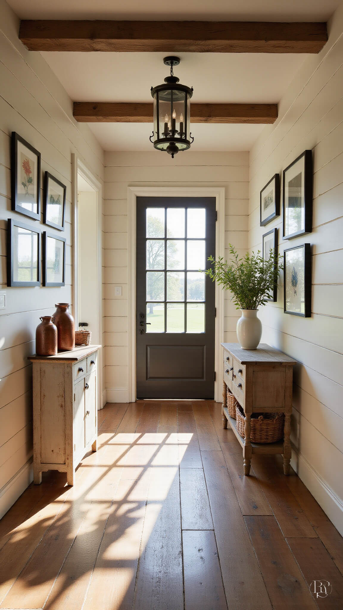 Rustic farmhouse hallway with honey-brown oak floors, exposed wooden beams, shiplap walls in creamy white, and sunlit corridor with vintage décor and chandelier shadows.