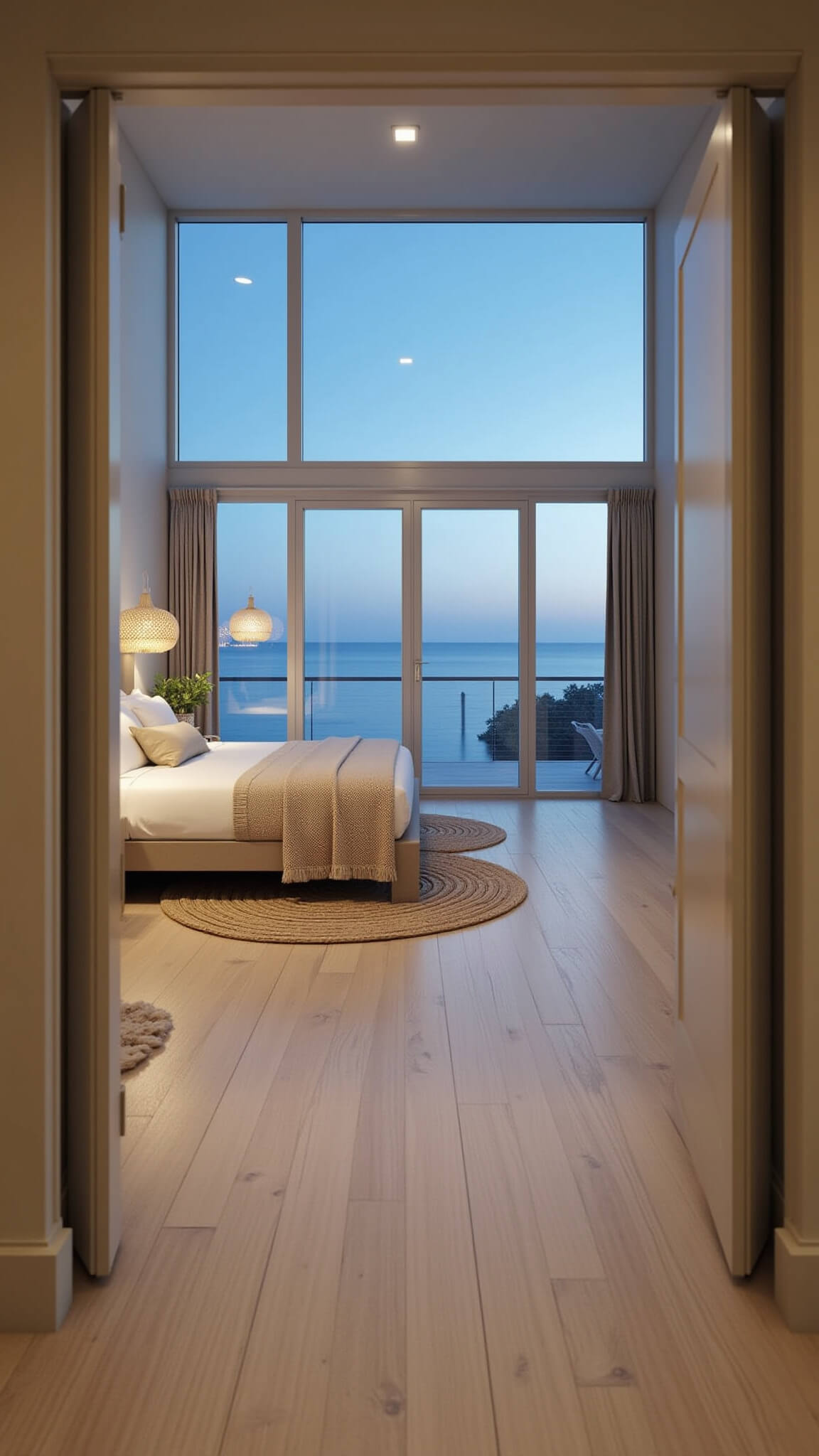 Modern coastal bedroom with low-profile bed and textured white bedding, French doors open to balcony at blue hour, woven pendant lights, pale oak floors with natural fiber rugs, captured from doorway showing indoor-outdoor flow.