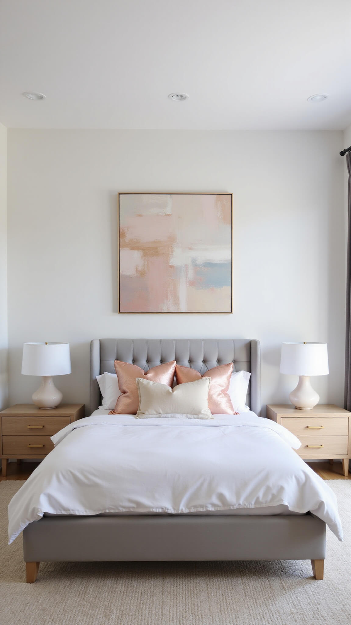 Minimalist feminine bedroom with platform bed, light grey tufted headboard, white and pink linens, rose gold pillows, floating oak nightstands, ceramic lamps, and pastel abstract art in soft morning light.