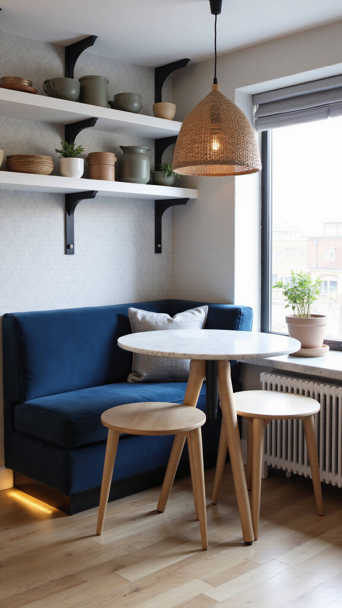 Modern eclectic kitchen nook with navy velvet banquette, marble bistro table, open shelving with muted earthenware, rattan pendant light, geometric gray wallpaper, and windowsill herb garden.