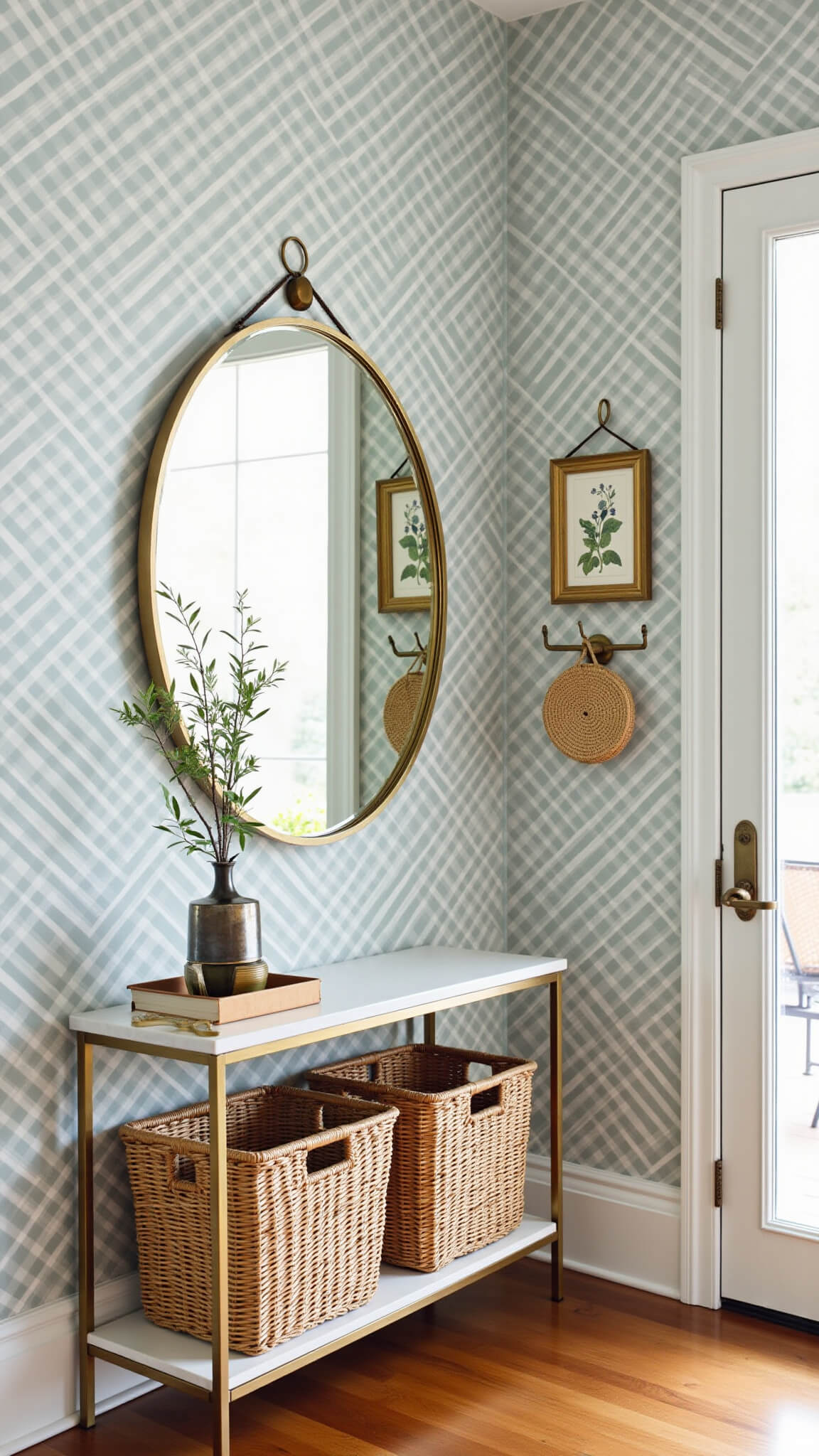 Compact entryway with brass and marble console, round mirror, basket storage, botanical prints, and blue-gray Moroccan tile wallpaper.
