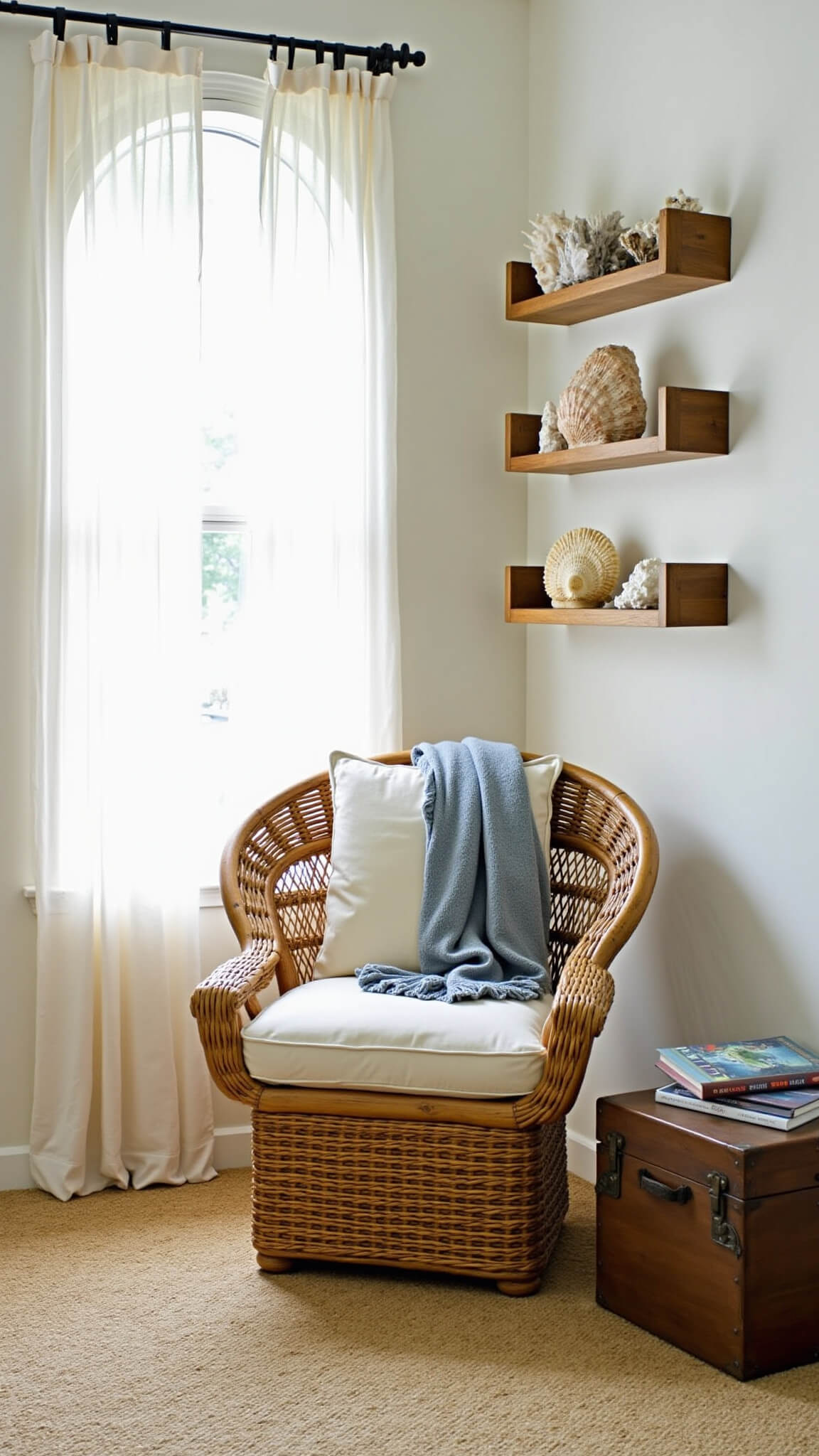 Cozy beach-inspired reading nook with rattan peacock chair, cream cushions, blue-grey throw, arched window with sheer drapes, natural sisal rug, vintage trunk side table, and floating shelves with shells and coral.