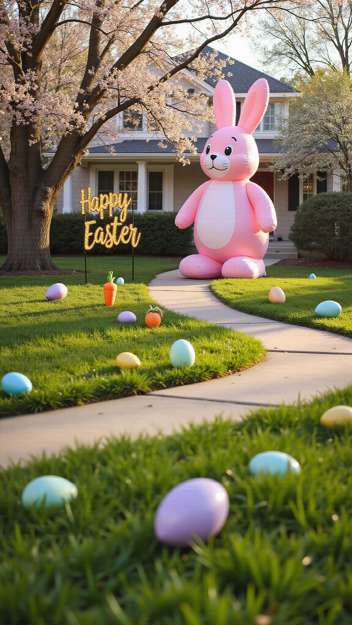 Large pastel pink inflatable Easter bunny in sunlit front yard, surrounded by blooming dogwood tree, glowing carrot path stakes, gold "Happy Easter" sign on porch, and colorful egg-shaped lawn ornaments on dewy grass.