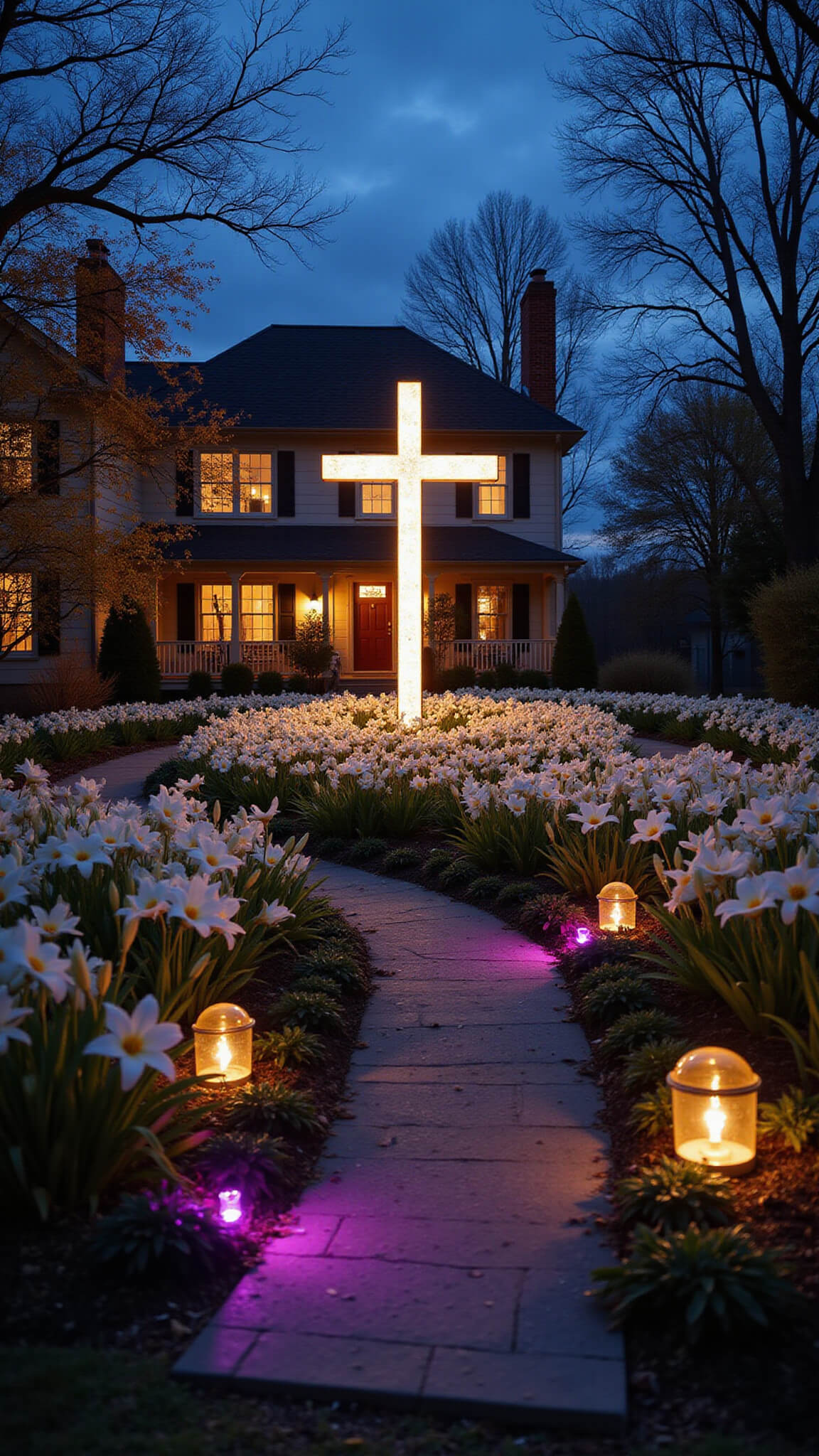 Dramatic dusk view of a modern farmhouse yard featuring a glowing 7-foot cross, white Easter lilies, purple and gold pathway lights, and scripture garden stakes illuminated under a deep blue sky.