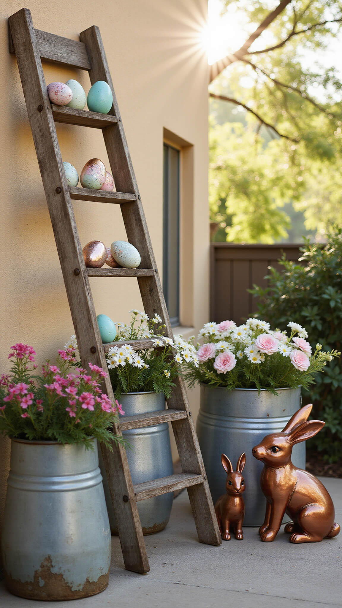 Vintage Easter courtyard with pastel eggs on ladder, faux spring flowers in metal pots, and rustic copper bunny silhouettes in golden hour light.