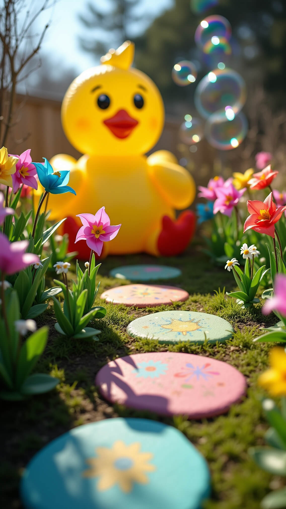 Child’s-eye view of a bright Easter garden with a large inflatable chick, colorful pinwheels, floating bubbles, and Easter-themed hopscotch stones.