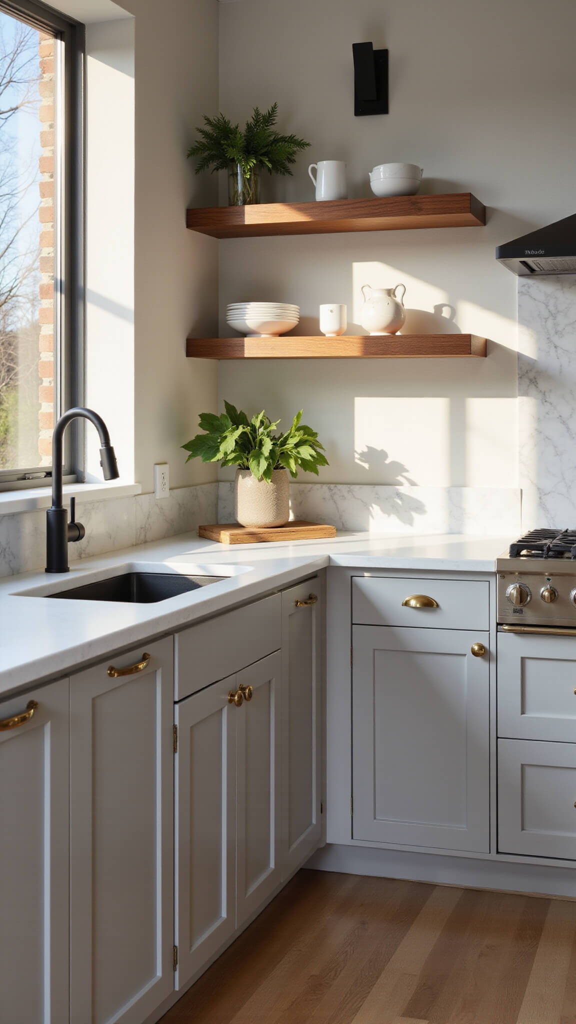 Modern greige kitchen with brass-accented cabinets, white quartz island, walnut shelves, and floor-to-ceiling windows glowing in morning sunlight.