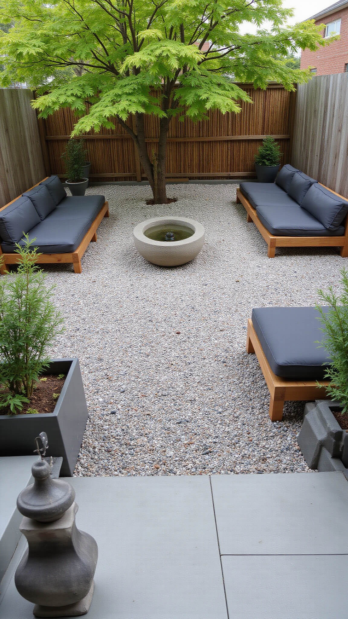 Overhead view of a contemporary zen garden with Japanese maple centerpiece, smooth pebble ground cover, concrete water feature, bamboo screen, teak furniture, and geometric planters in a 25x35ft space at midday.