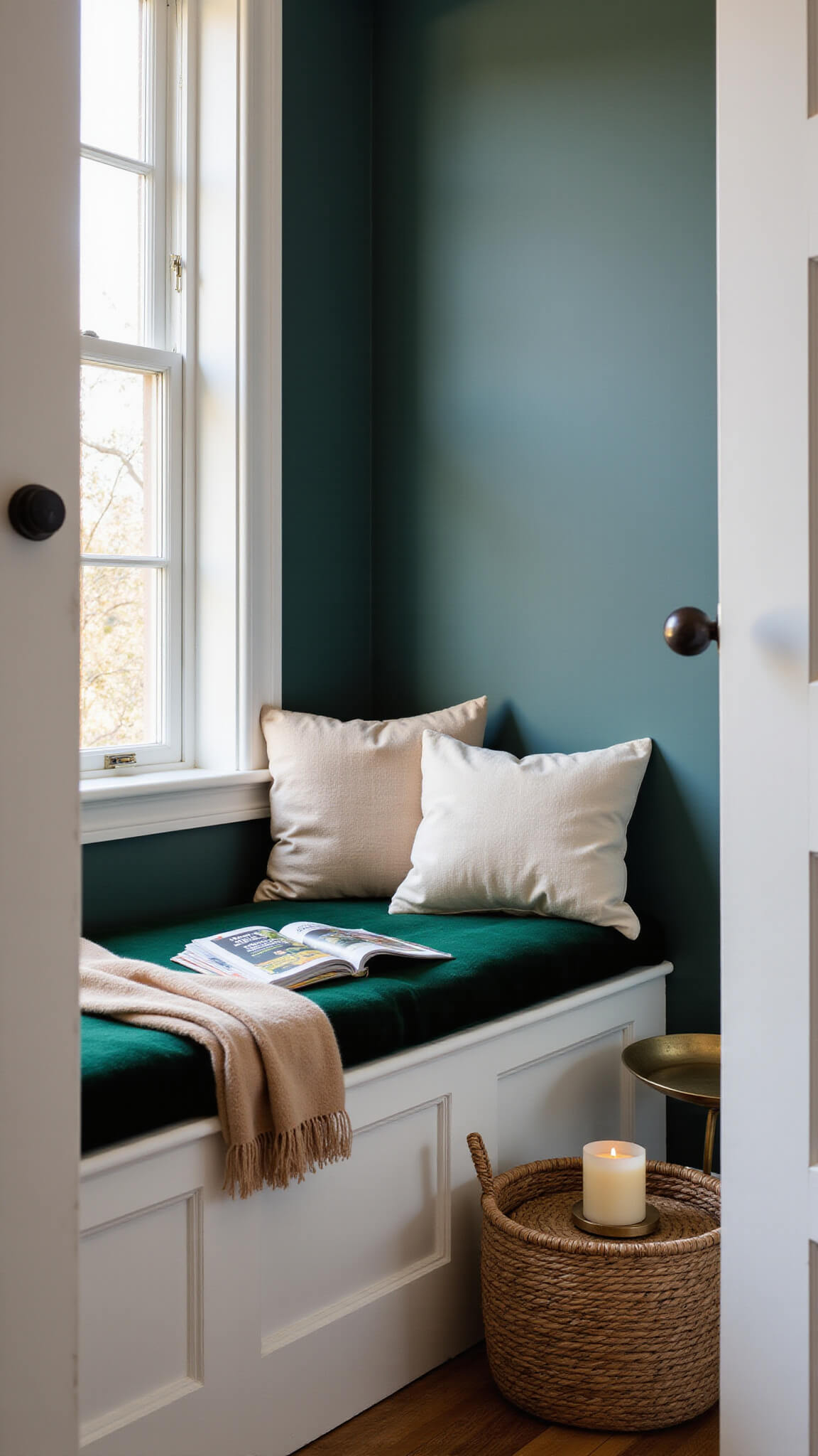Cozy 6x8ft reading nook with green velvet bench cushion, neutral pillows, camel throw, woven magazine basket, brass side table with beeswax candle, and soft late morning light.