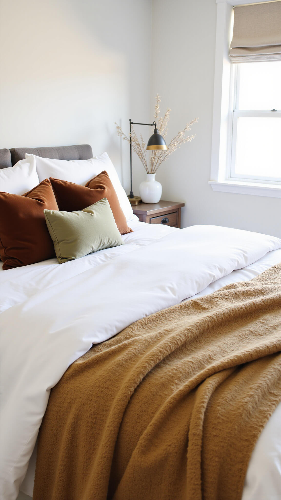 Wide shot of master bedroom with king bed in white linens, caramel knit throw, and fall-toned velvet pillows; soft afternoon light through roman shades, bedside table with ceramic vase and dried botanicals.