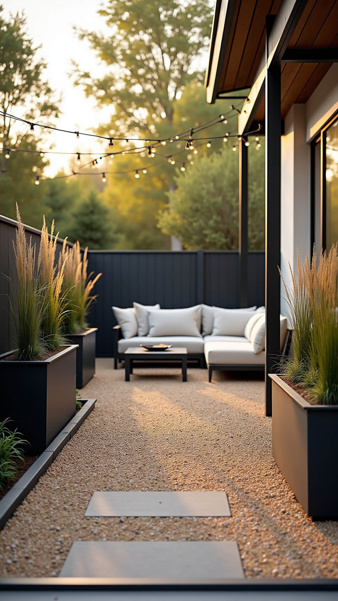 Low-angle view of a modern pea gravel patio with metal edging, gray sectional seating, black planters with ornamental grasses, and string lights glowing at golden hour.